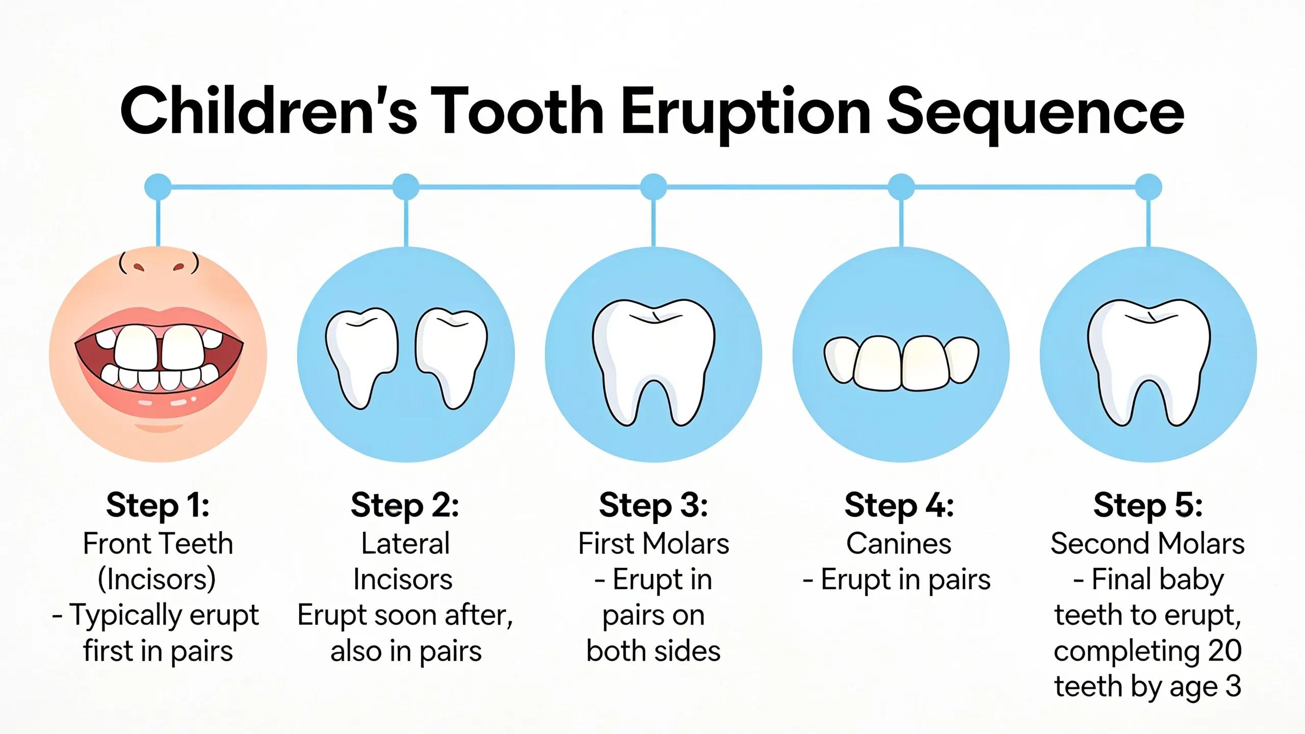 Teeth tend to erupt in pairs starting with the front teeth, and most children have Teeth tend to erupt in pairs starting with the front teeth, and most children have