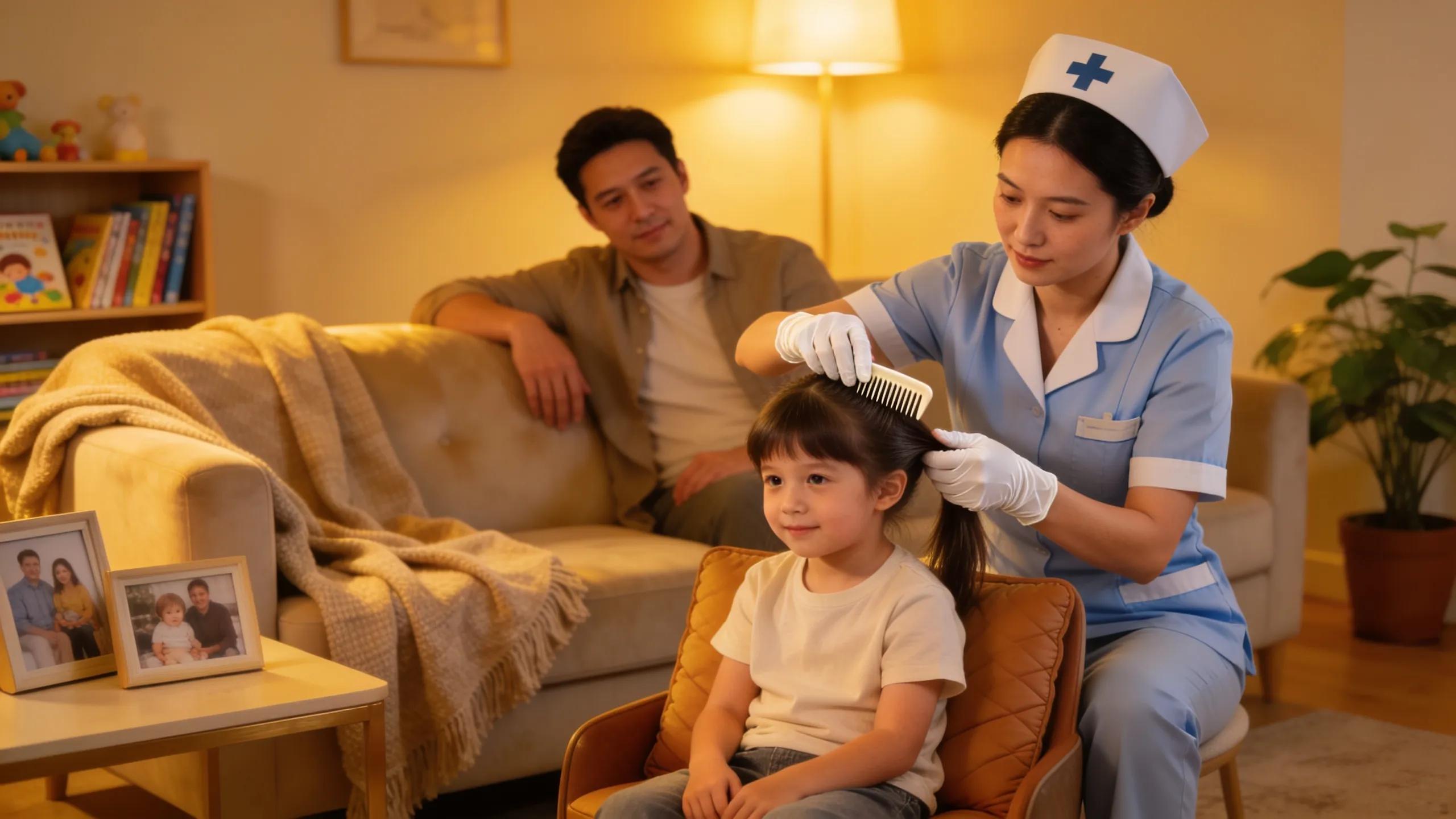 Family receiving in-home professional lice removal services in Atlanta, emphasizing trust and care