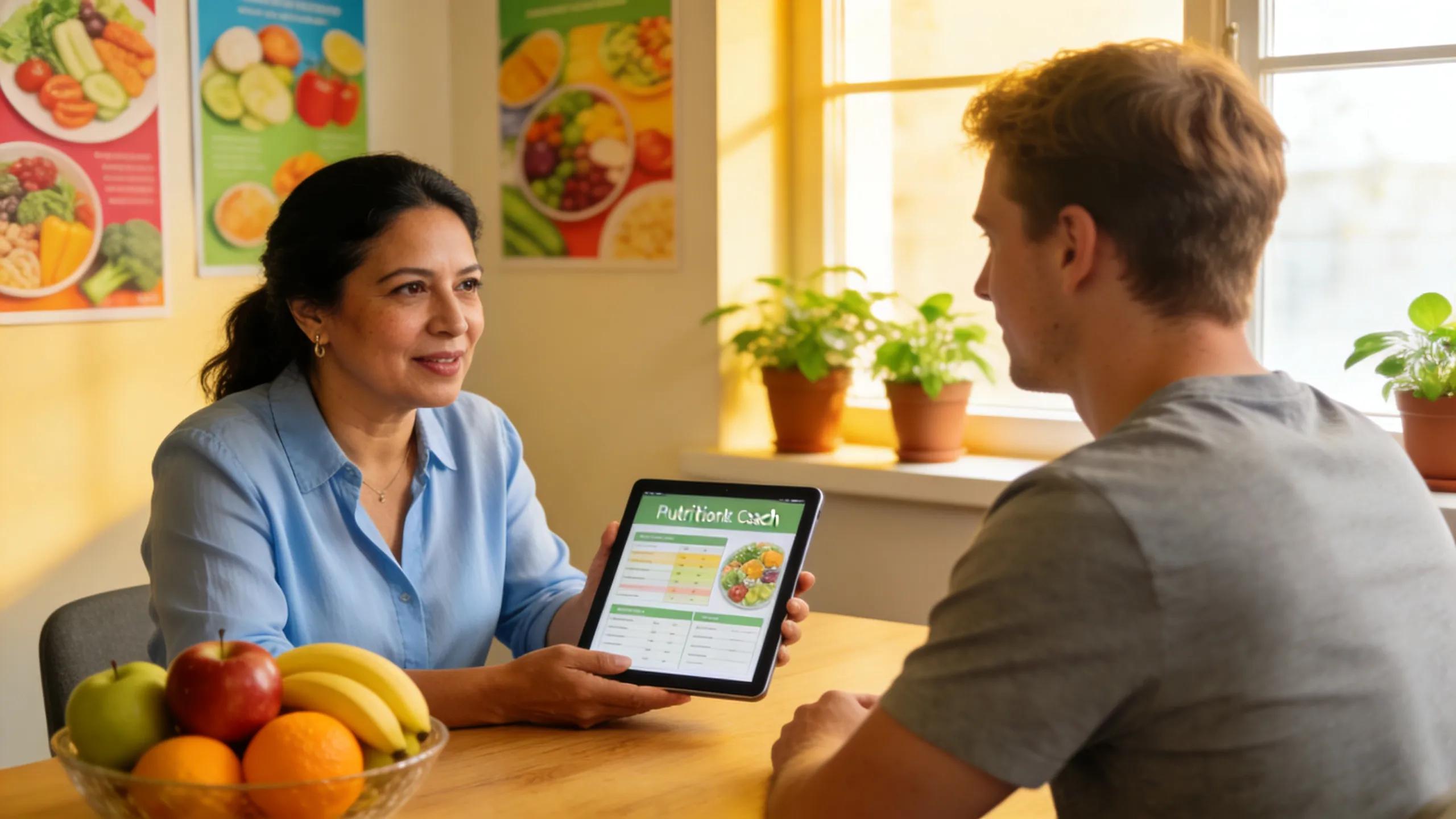 Nutrition coach assisting client with personalized meal plan in a vibrant office setting