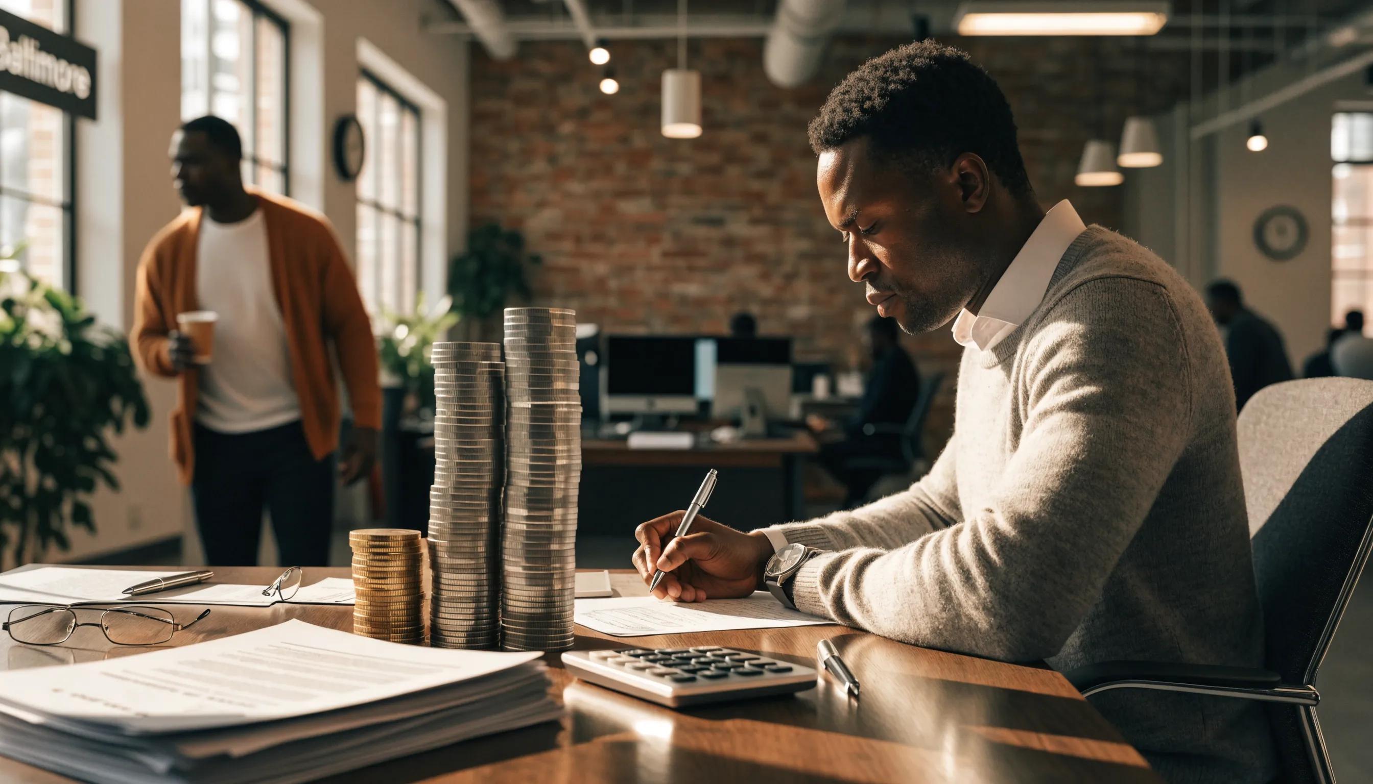 Close-up of a modern workspace with financial tools symbolizing cost analysis for paid advertising in Baltimore