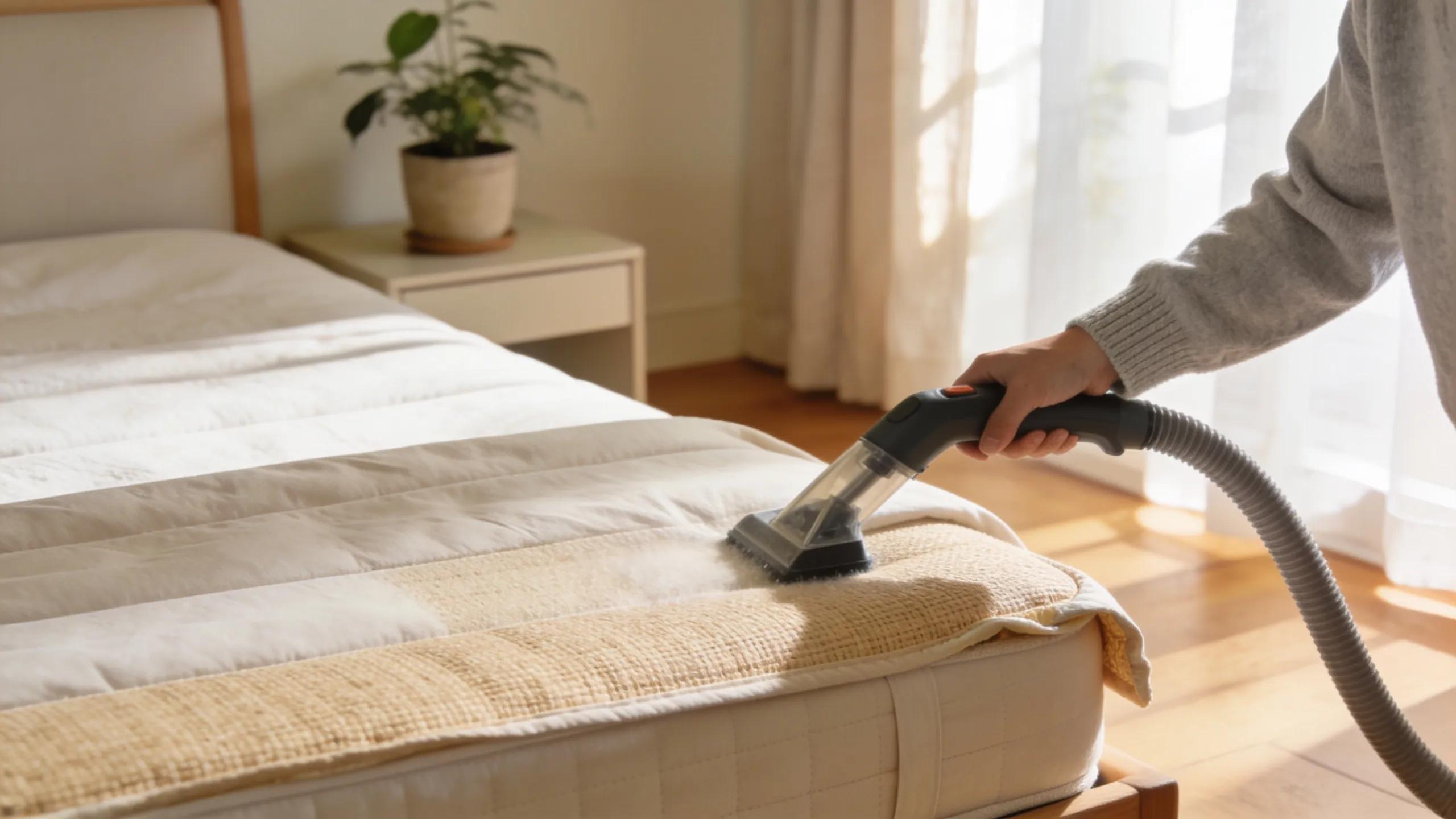 Person caring for a natural futon mattress in a bright, comfortable bedroom