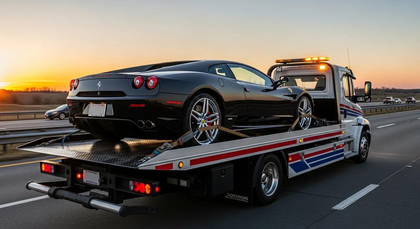 Luxury car secured on a flatbed tow truck, illustrating the benefits of flatbed towing