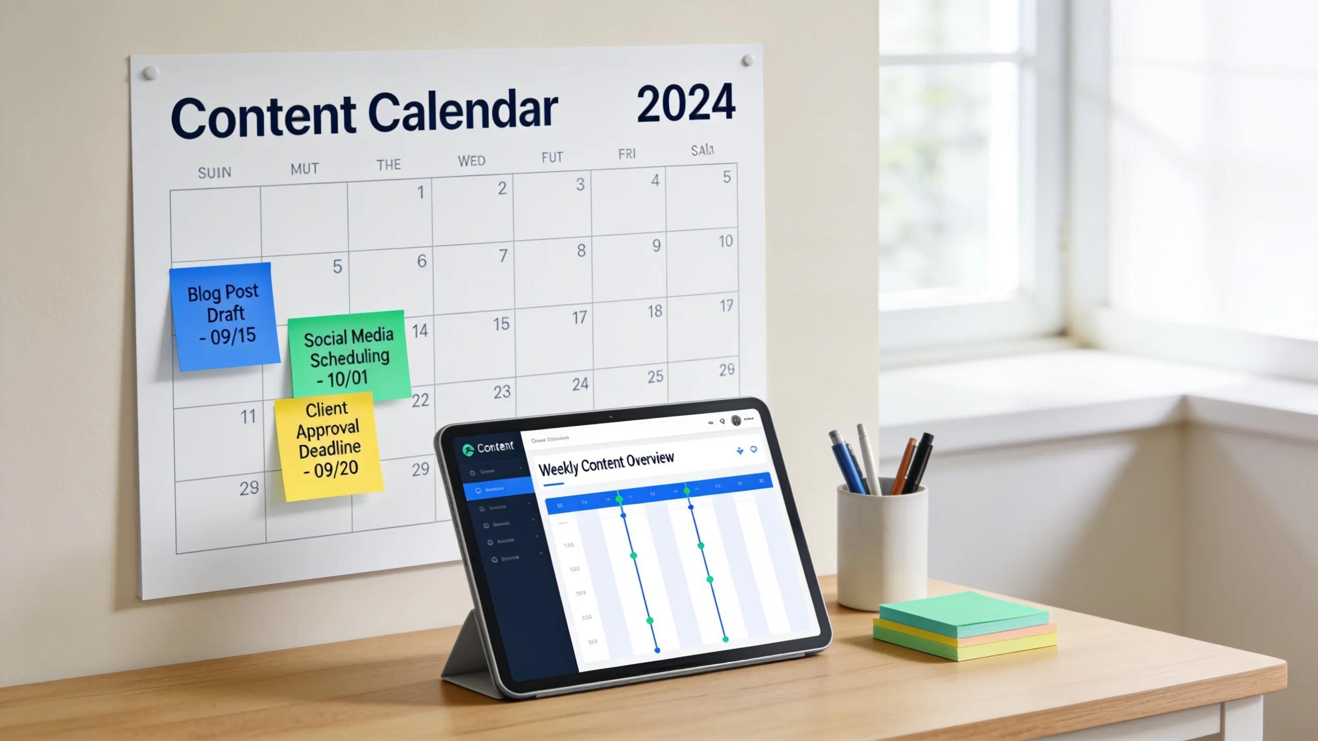Content calendar planning tools on a workspace desk depicting organization and efficiency