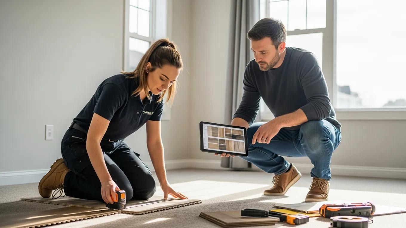 Professional estimator kneeling on carpet, measuring flooring materials and discussing options with client using a tablet, showcasing in-home flooring assessment process.