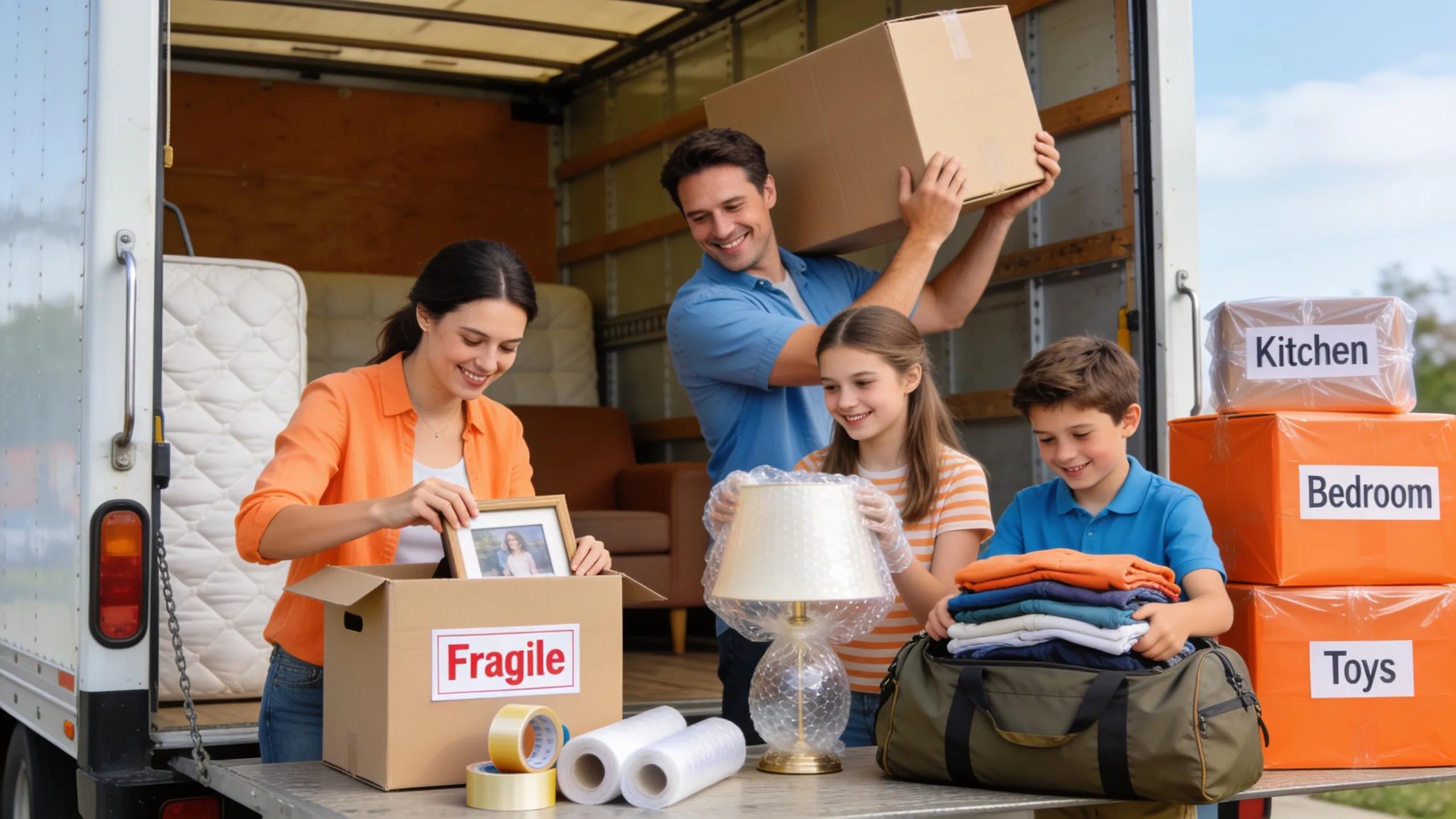 Family packing belongings for a move, showcasing professional moving services