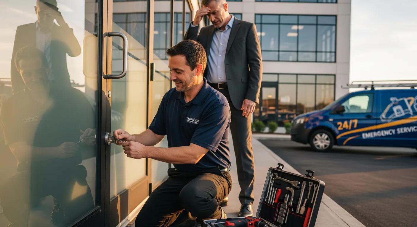 Locksmith providing commercial lockout assistance, emphasizing quick and efficient service