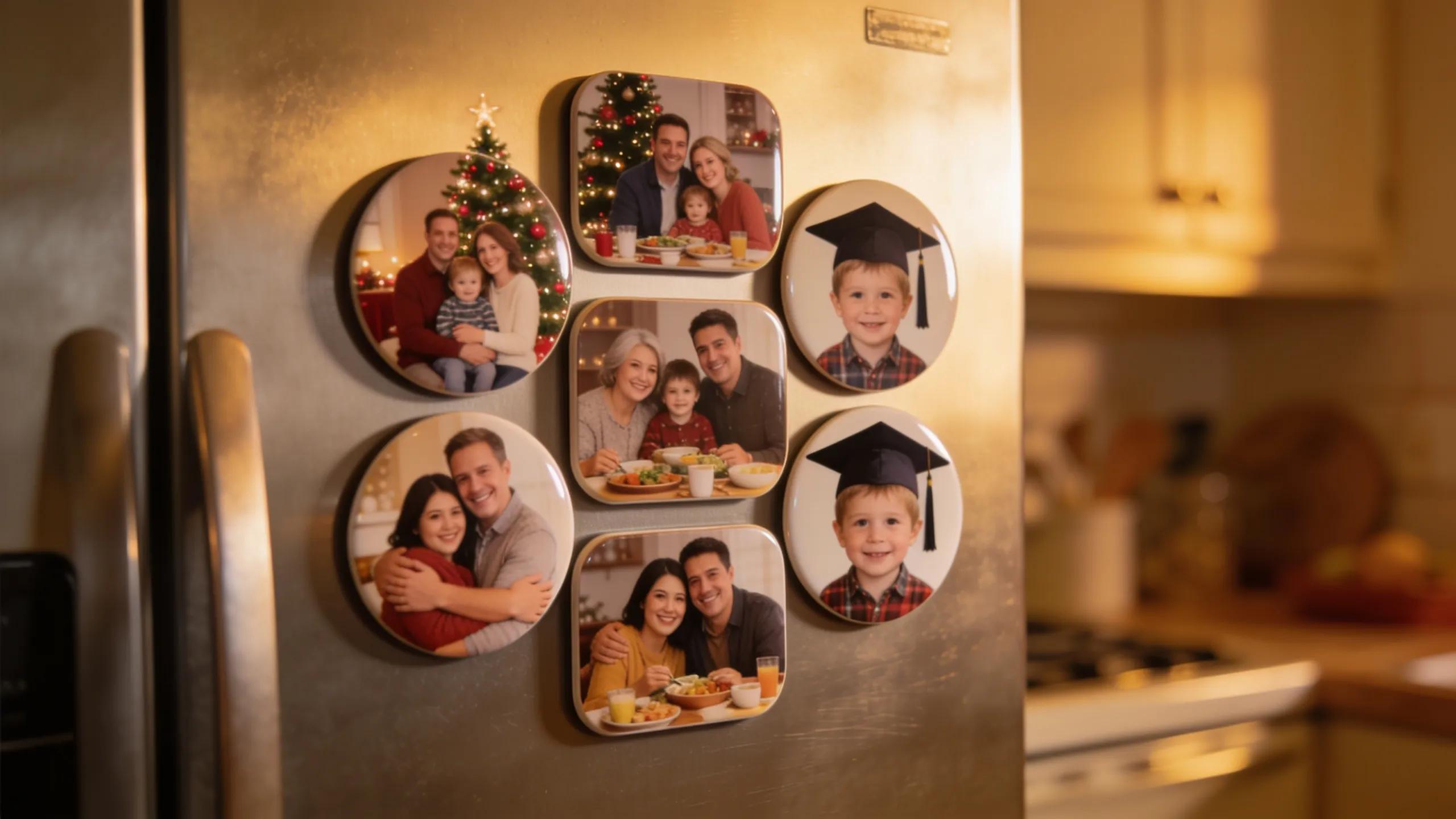 Collection of personalised family photo magnets displayed on a fridge, showcasing shared memories and connection