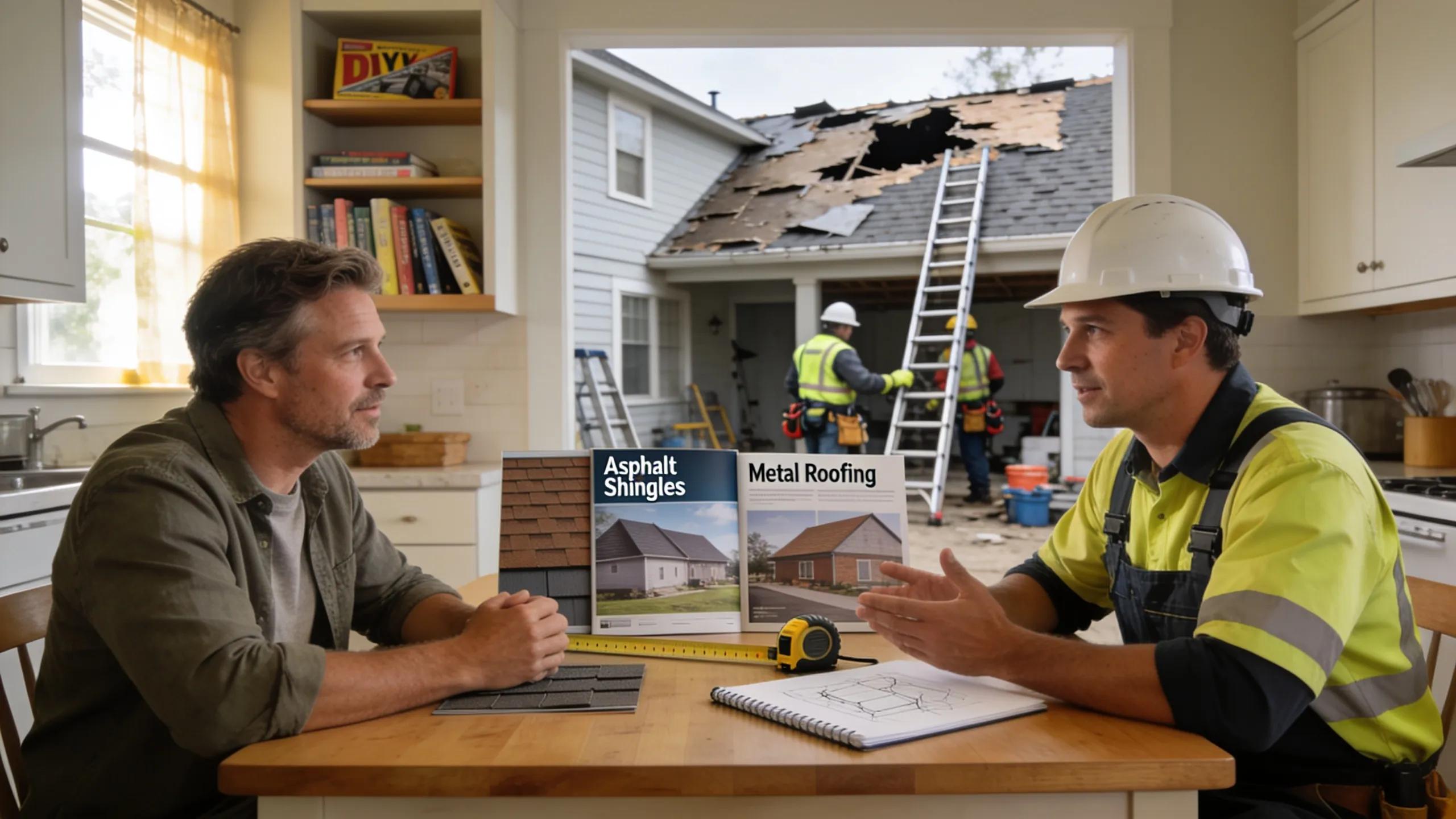 Homeowner consulting with a roofing contractor at a kitchen table