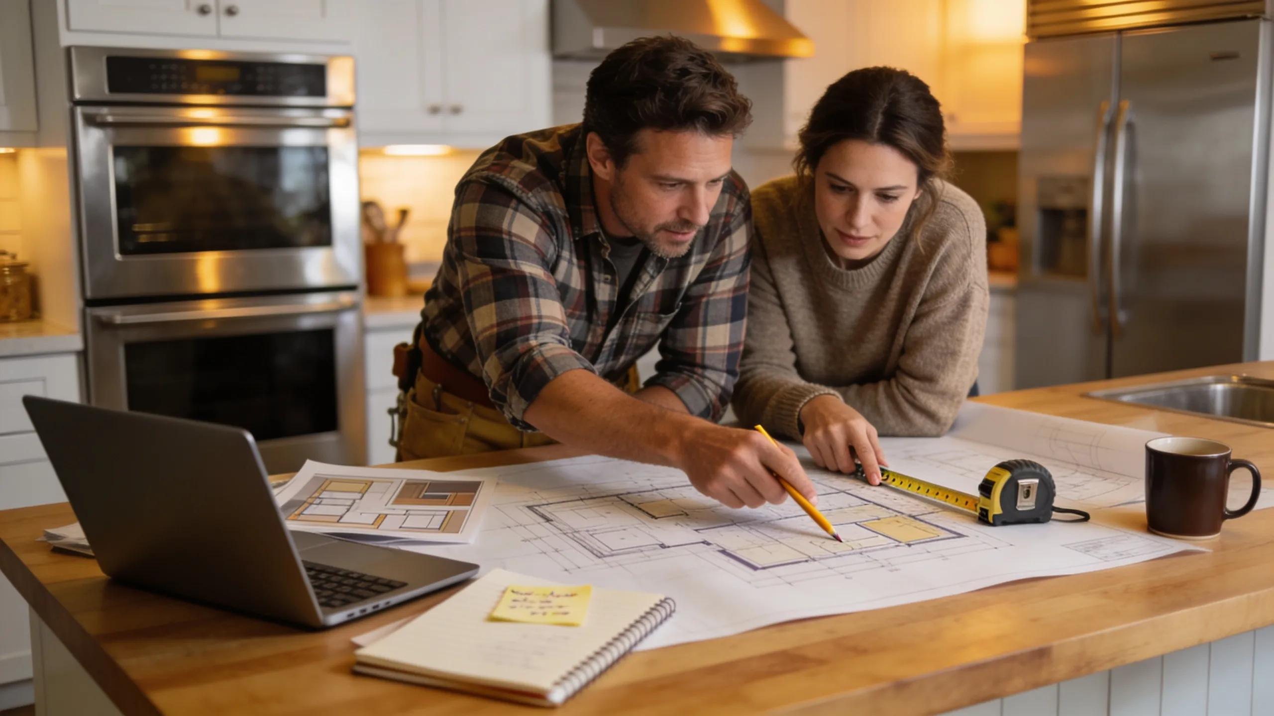 Contractor and homeowner discussing kitchen remodel plans, emphasizing communication