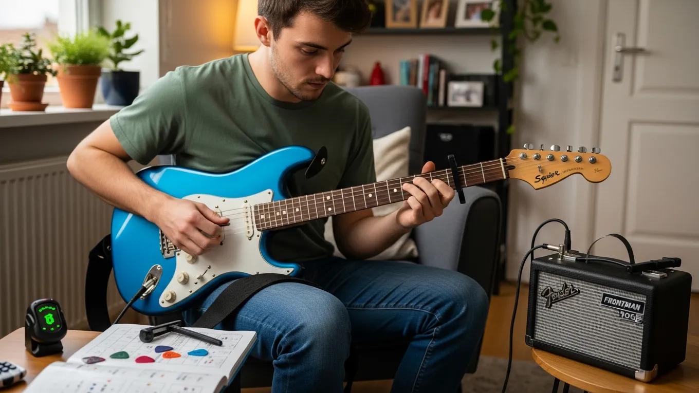 Beginner guitarist playing Squier Sonic Stratocaster at home with amplifier and accessories