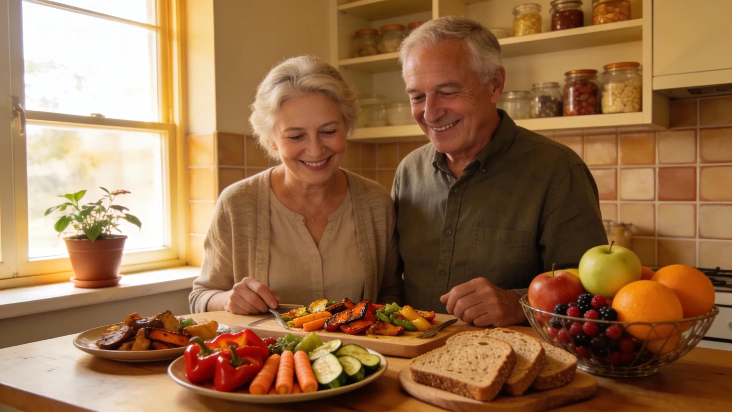 Senior couple enjoying a nutritious meal in a cozy kitchen, emphasizing the importance of meal delivery services for seniors