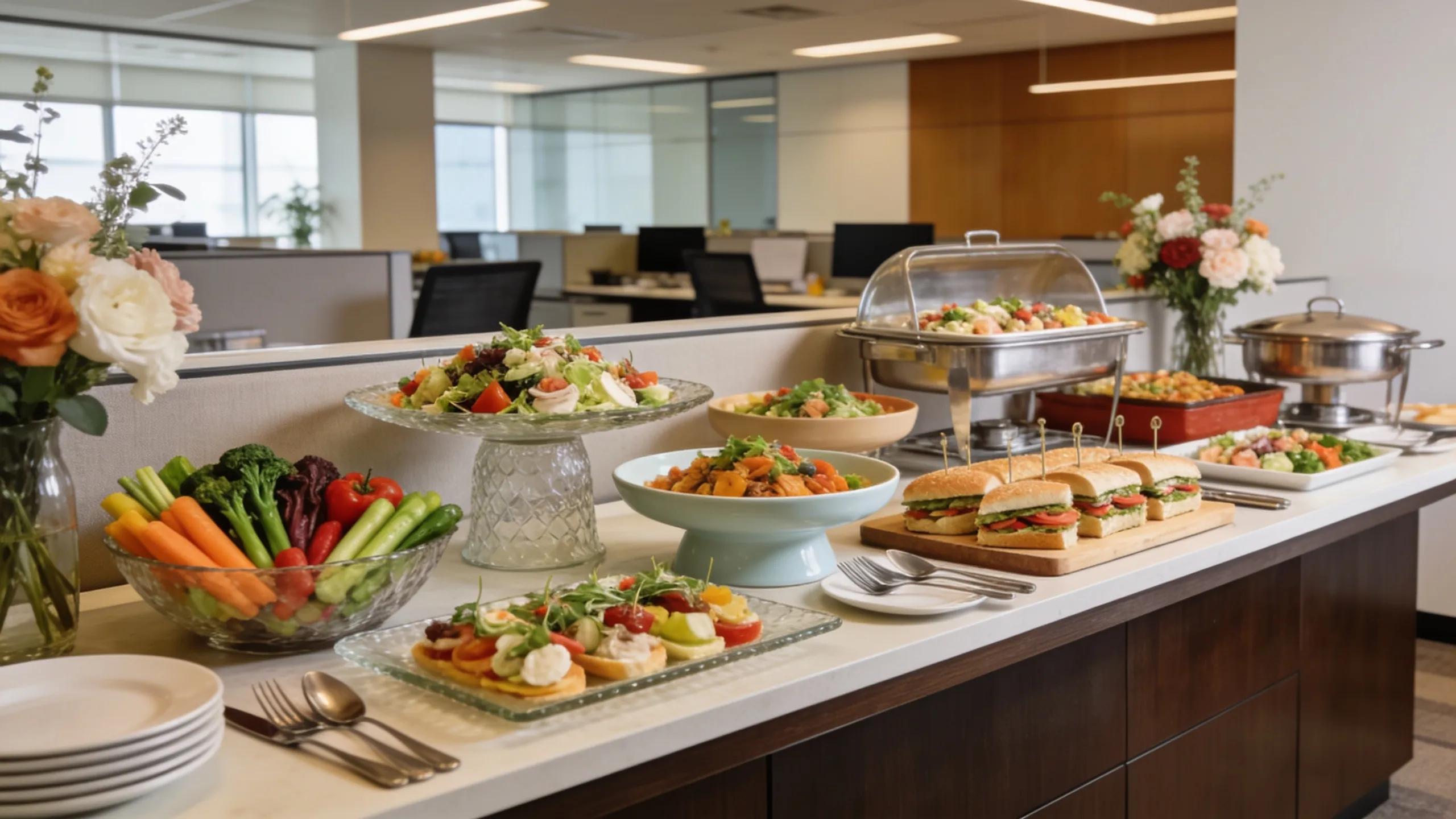 Corporate catering setup with gourmet dishes in a modern office environment