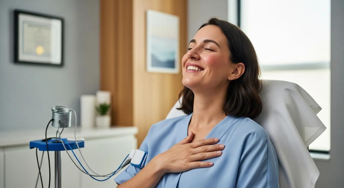 Happy patient expressing relief and hope after successful TMS therapy session in a clinic