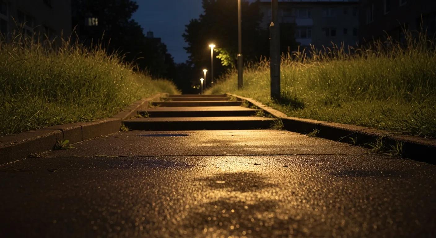Poorly lit pathway highlighting safety hazards like uneven surfaces and obscured steps