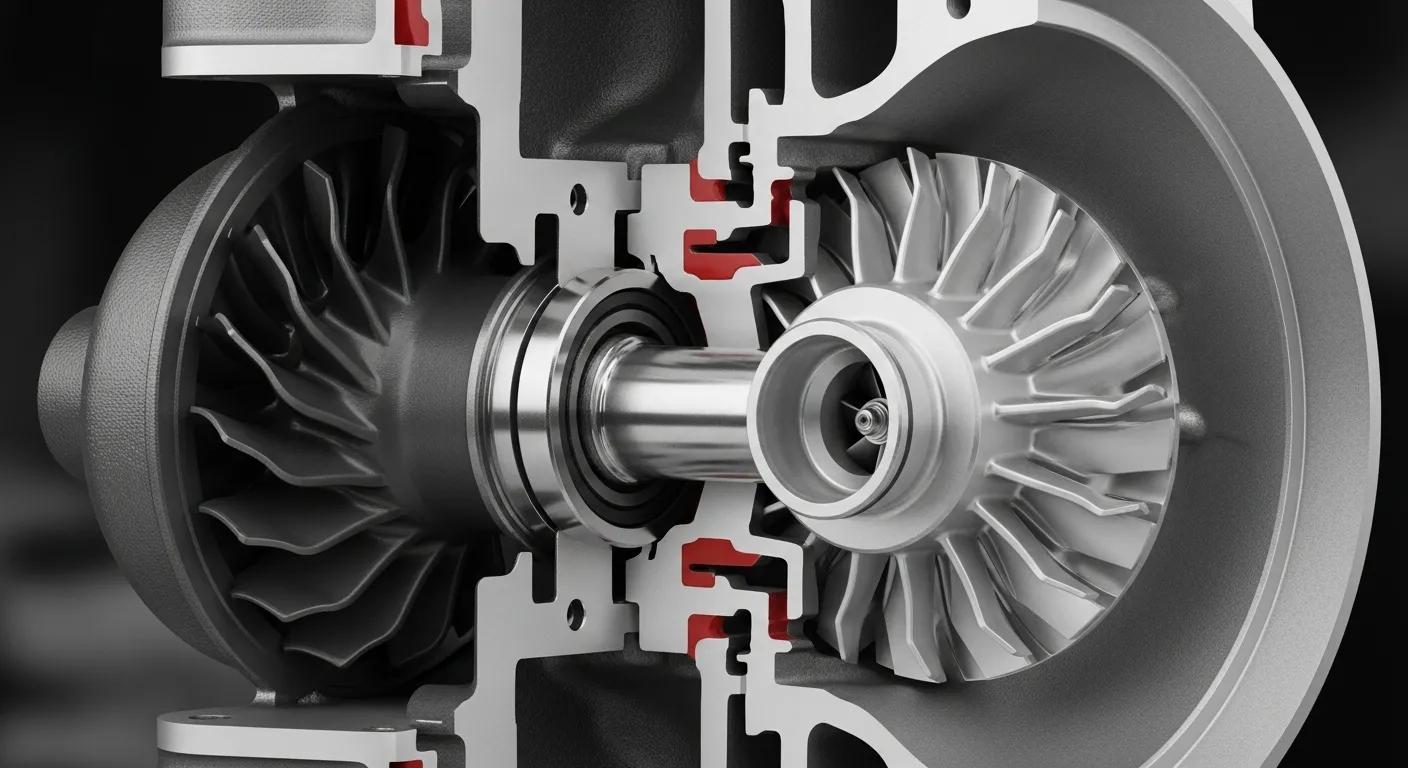 Turbocharger cutaway showing turbine wheel, compressor wheel, and CHRA (center housing rotating assembly)