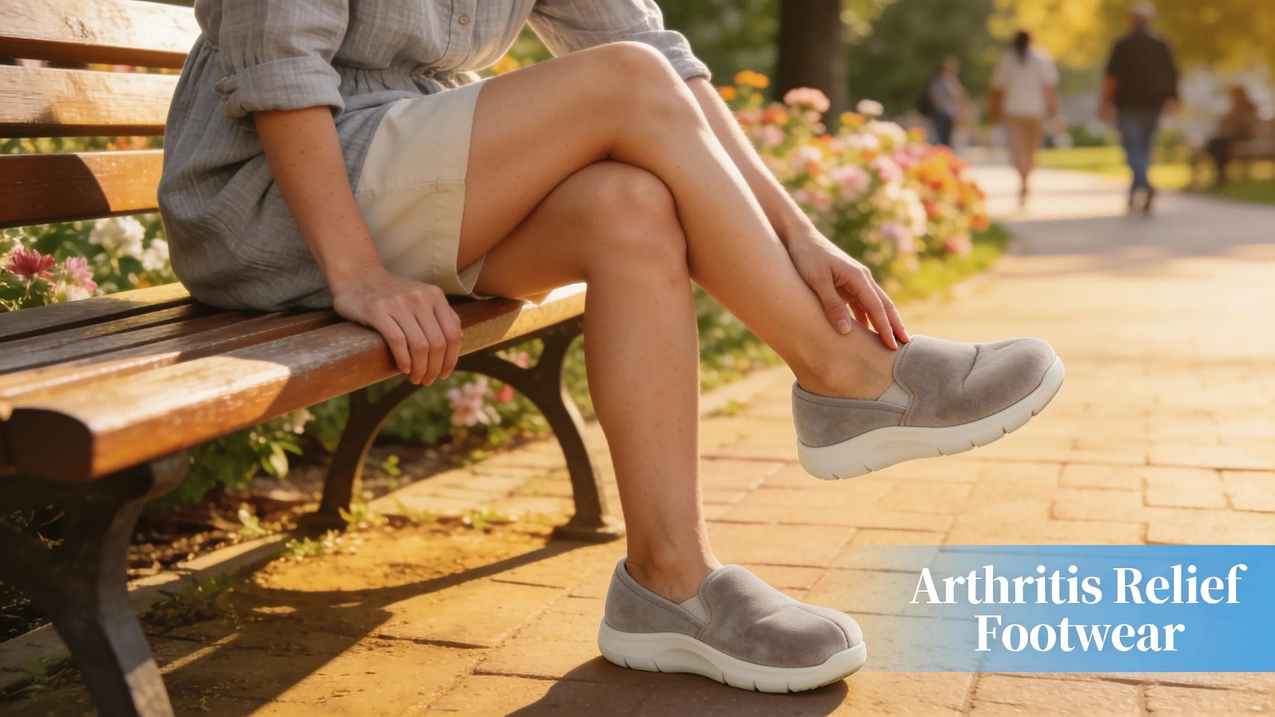 Individual wearing cushioned slip-on shoes for arthritis relief in a natural setting
