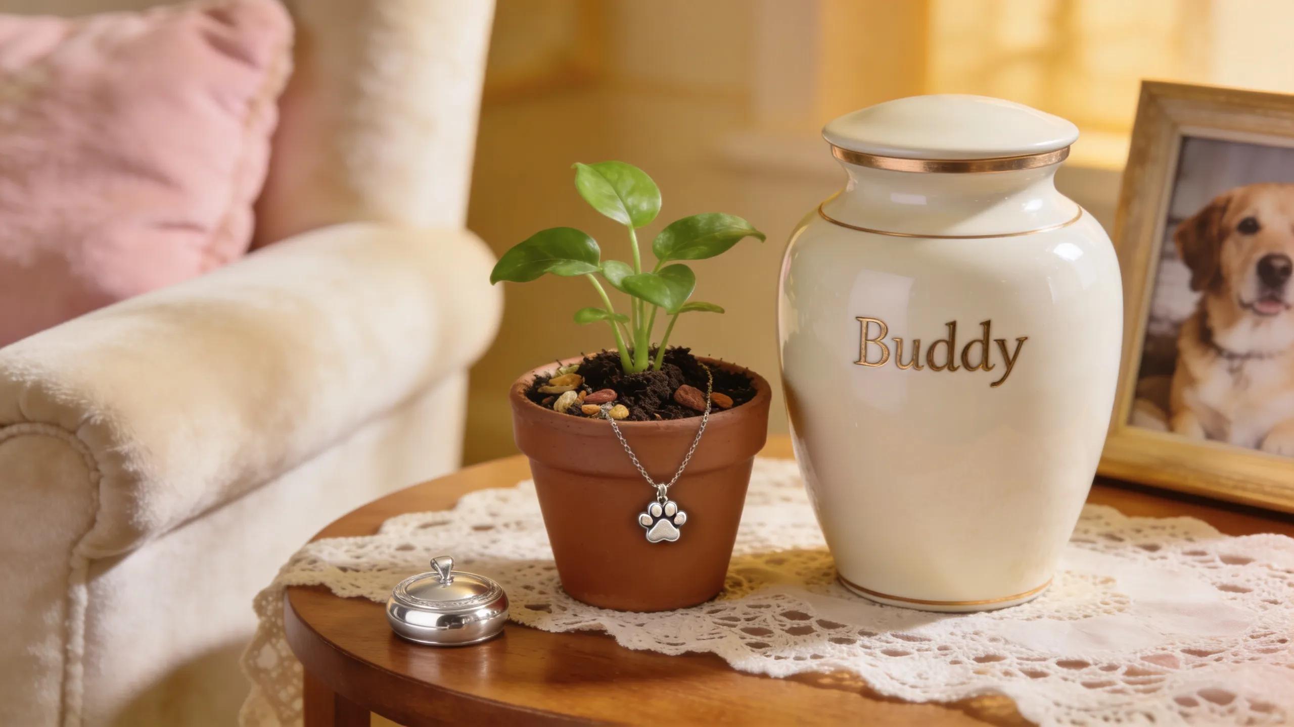 Variety of memorialization options including personalized urn, keepsake jewelry, and plant, showcasing heartfelt tributes to pets.