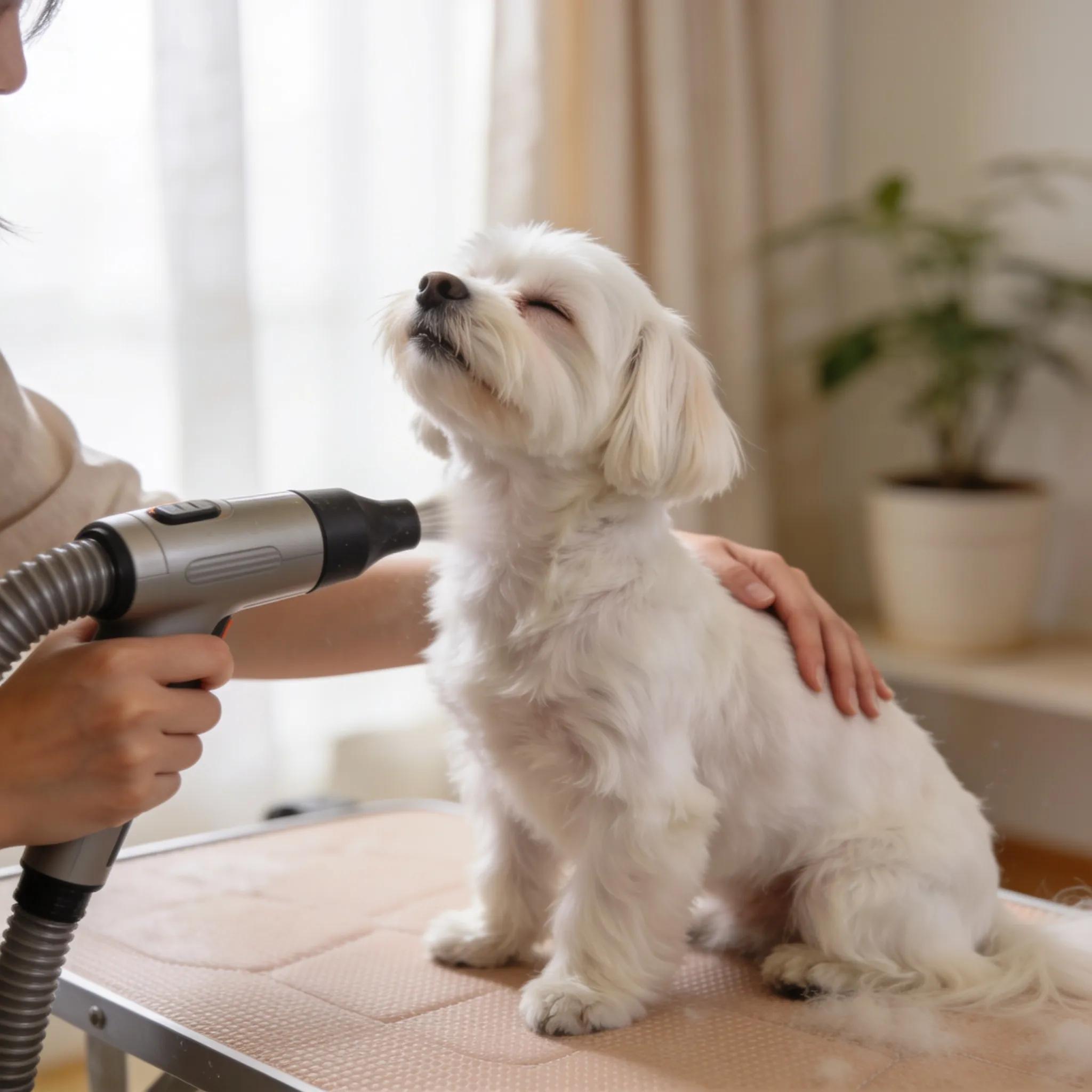 Maltese enjoying a calm grooming session with a low-noise vacuum grooming kit