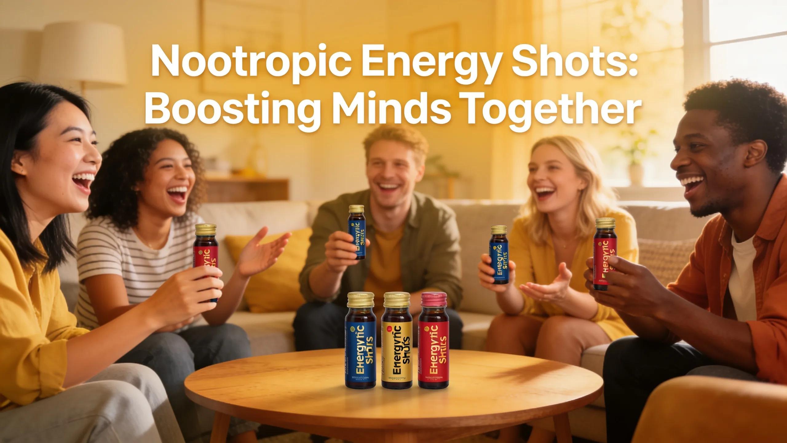 Diverse users enjoying nootropic energy shots together, emphasizing positive testimonials and cognitive enhancement
