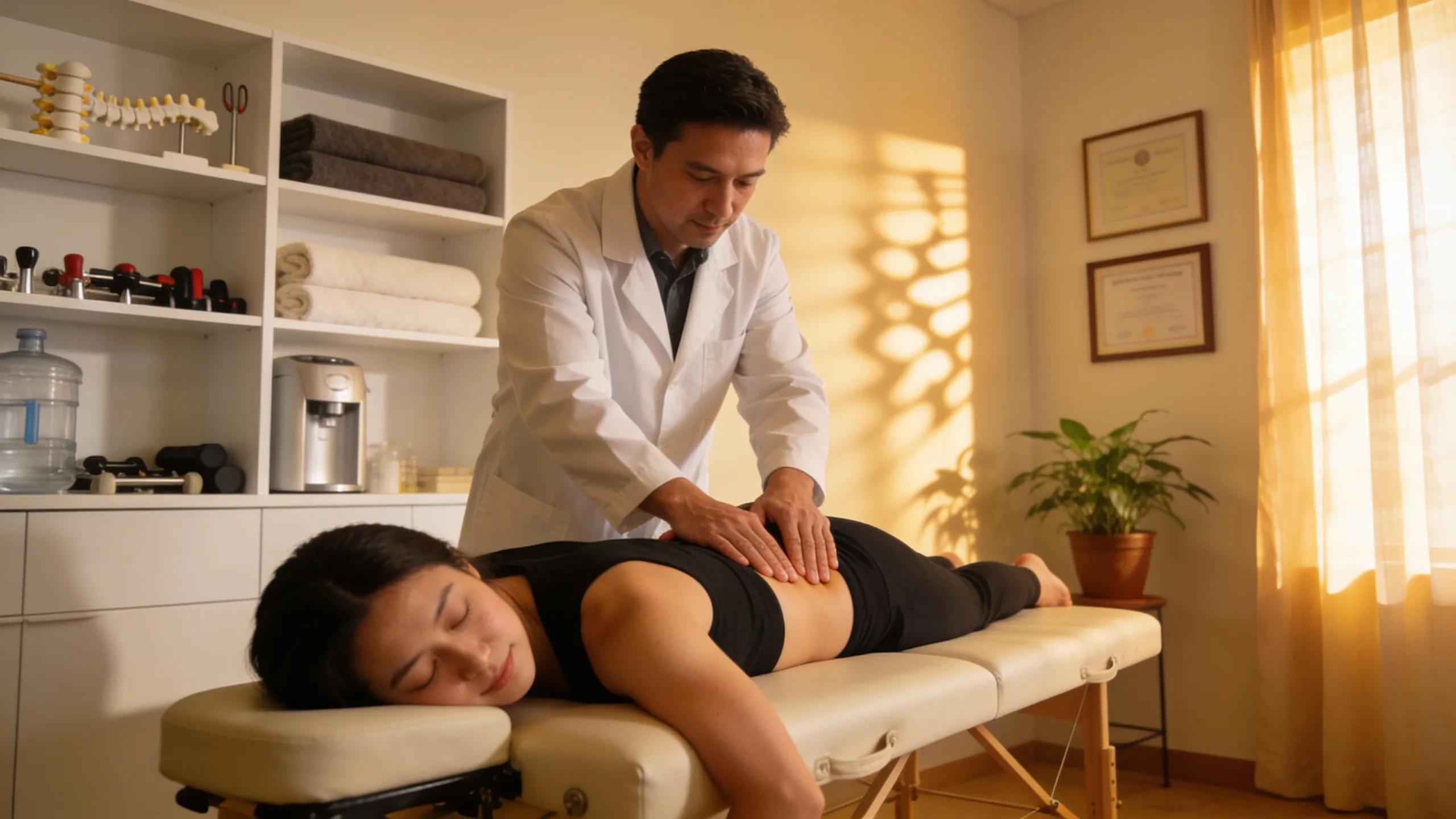 Chiropractor helping a patient with a spinal adjustment in a professional office setting