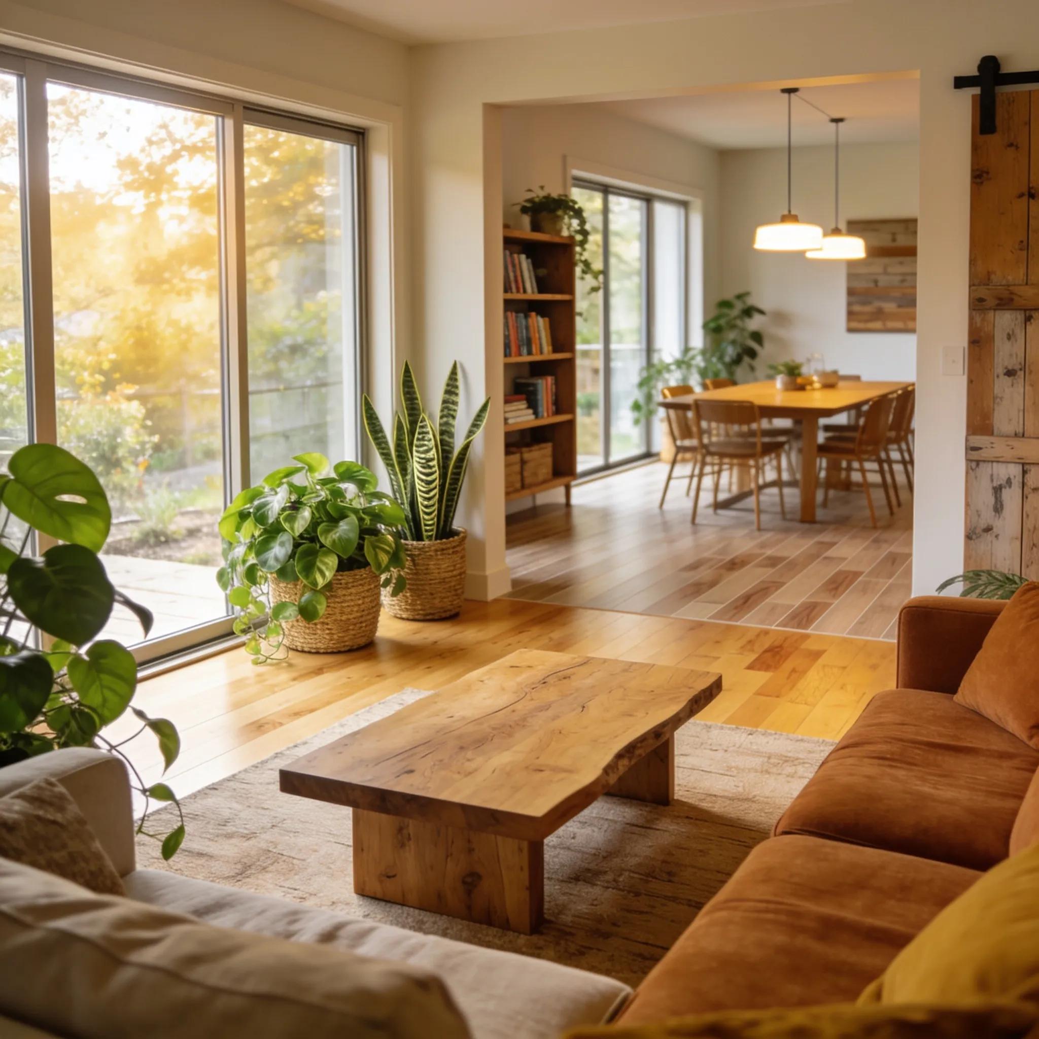 Modern living room featuring sustainable hardwood and eco-friendly vinyl flooring