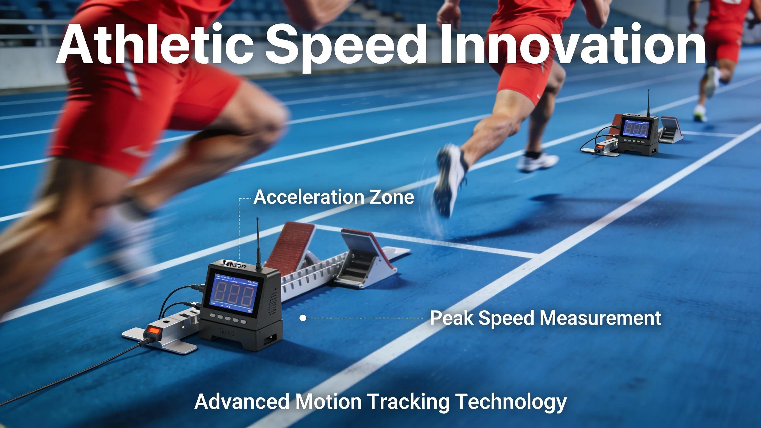 Athletes performing speed testing with electronic timing gates on a track