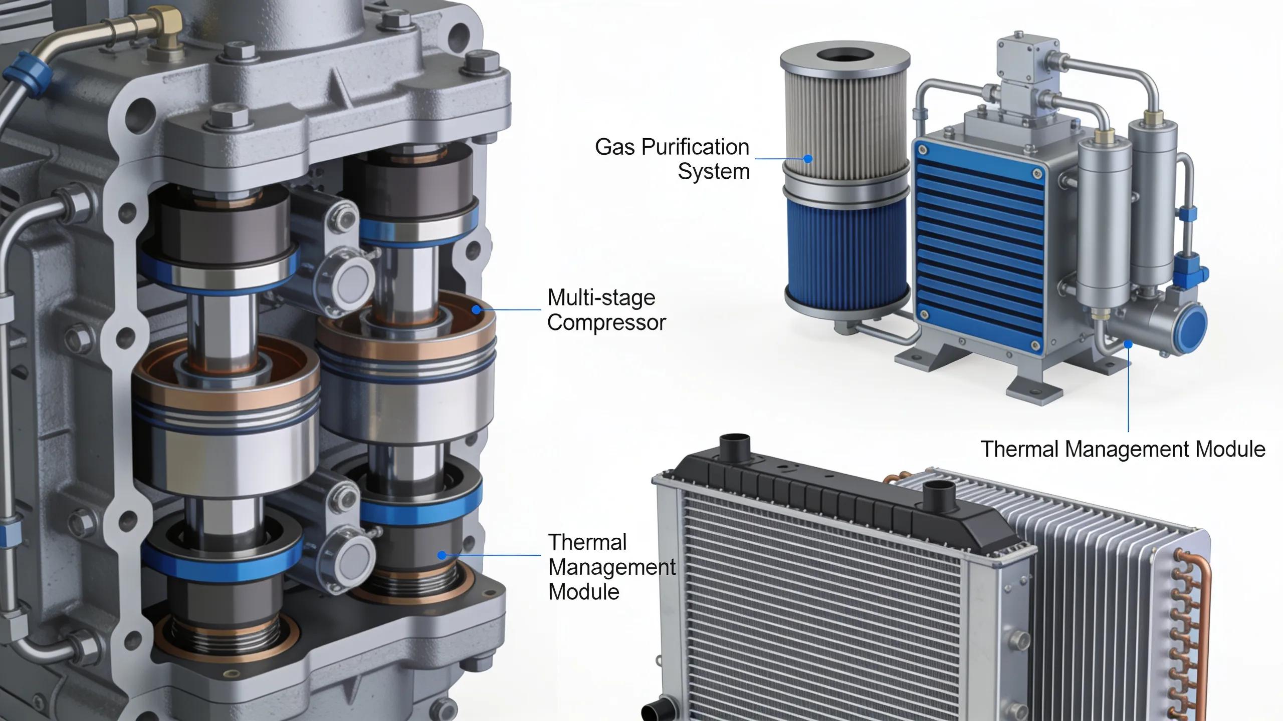 Detailed components of CNG compressors highlighting multi-stage compression and gas purification systems