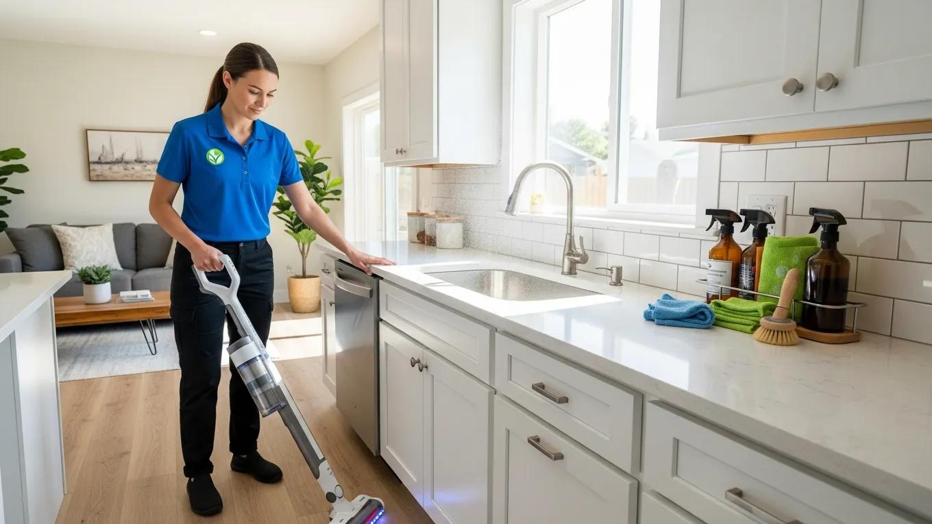 Professional cleaner using modern equipment in a well-maintained short-term rental property
