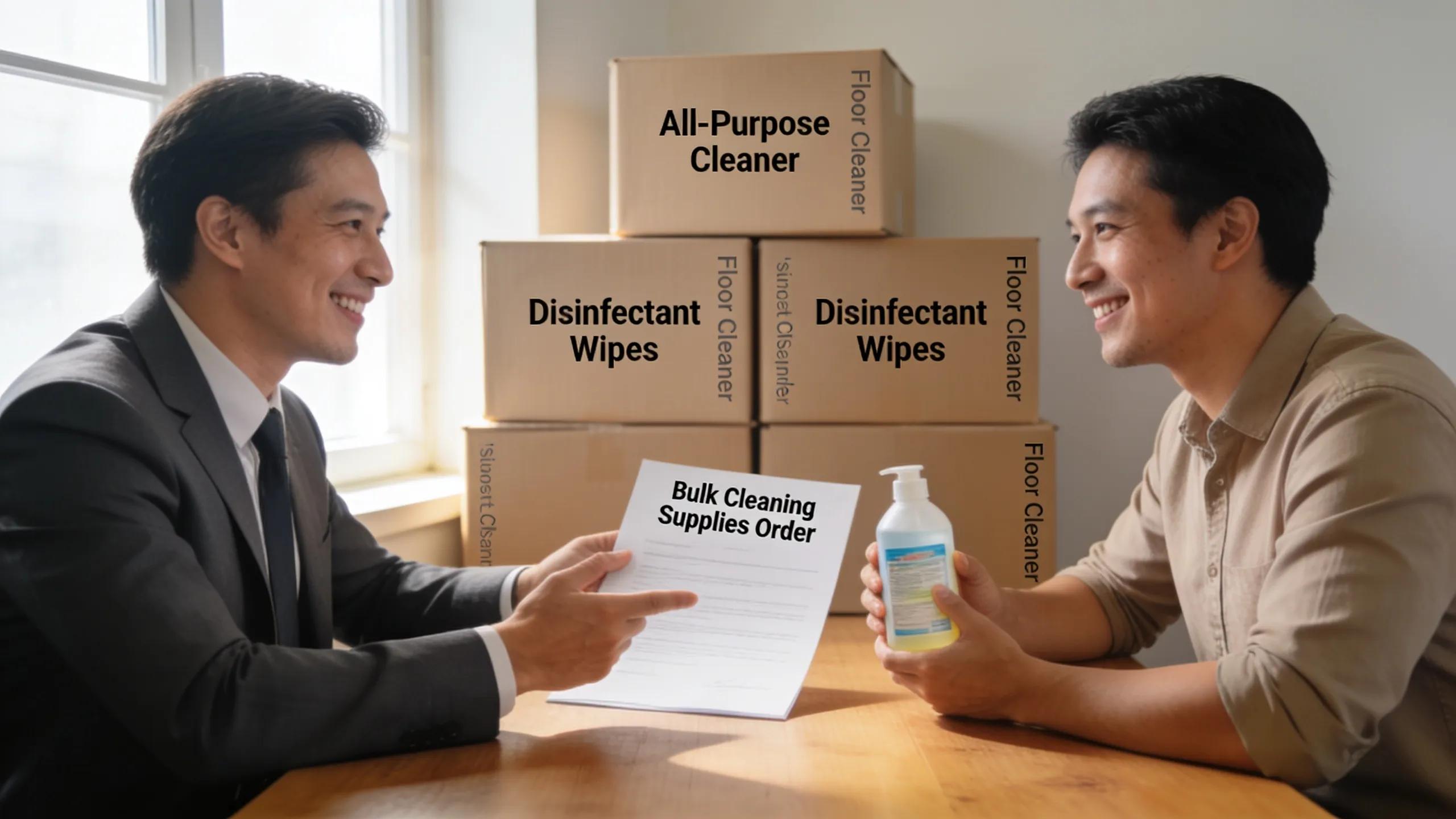 Business professional negotiating buying bulk cleaning supplies with a supplier
