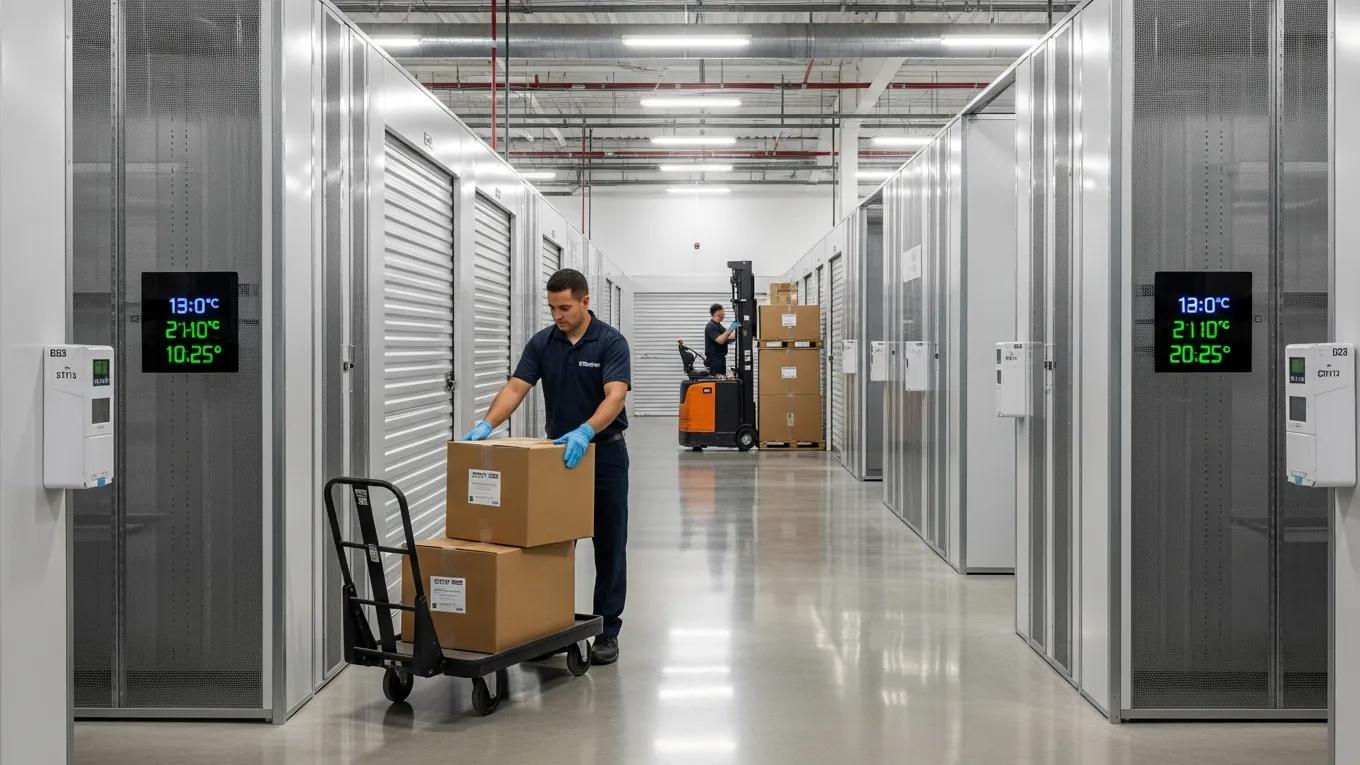Climate-controlled storage facility showcasing secure handling of stored boxes