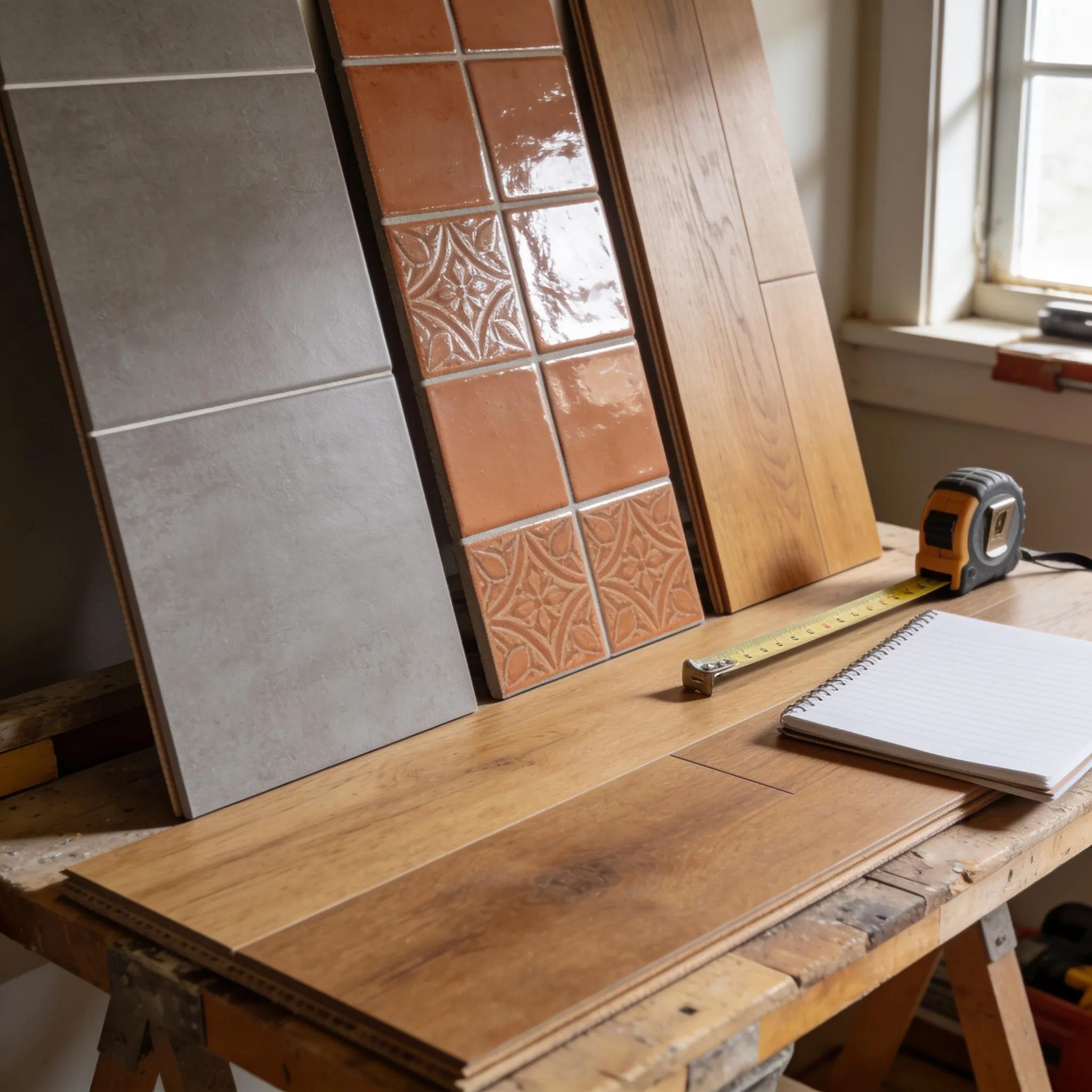 Samples of contemporary kitchen flooring: vinyl planks, ceramic tile, and hardwood boards shown up close