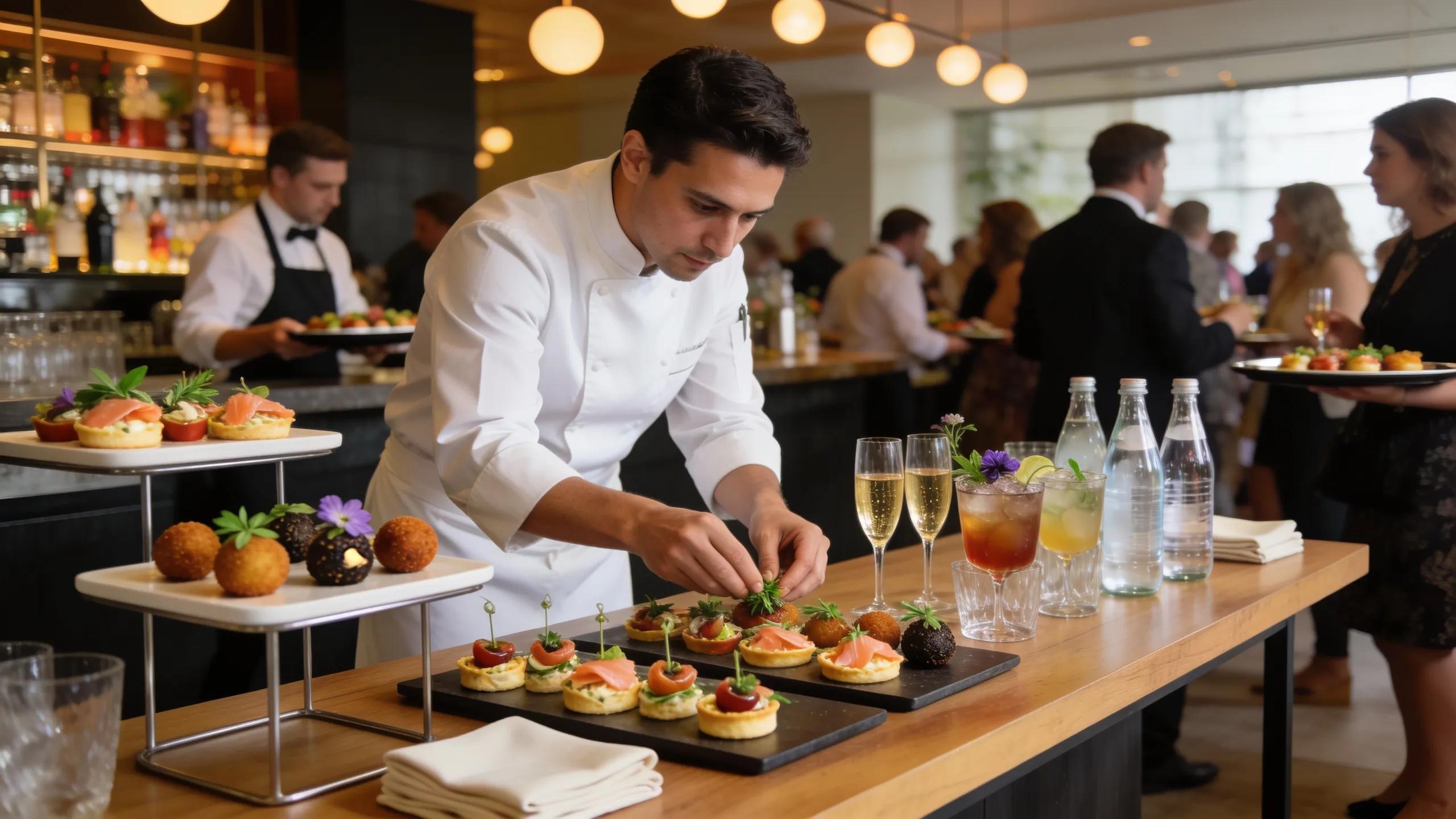 Professional catering setup for a business happy hour, showcasing logistics and service quality