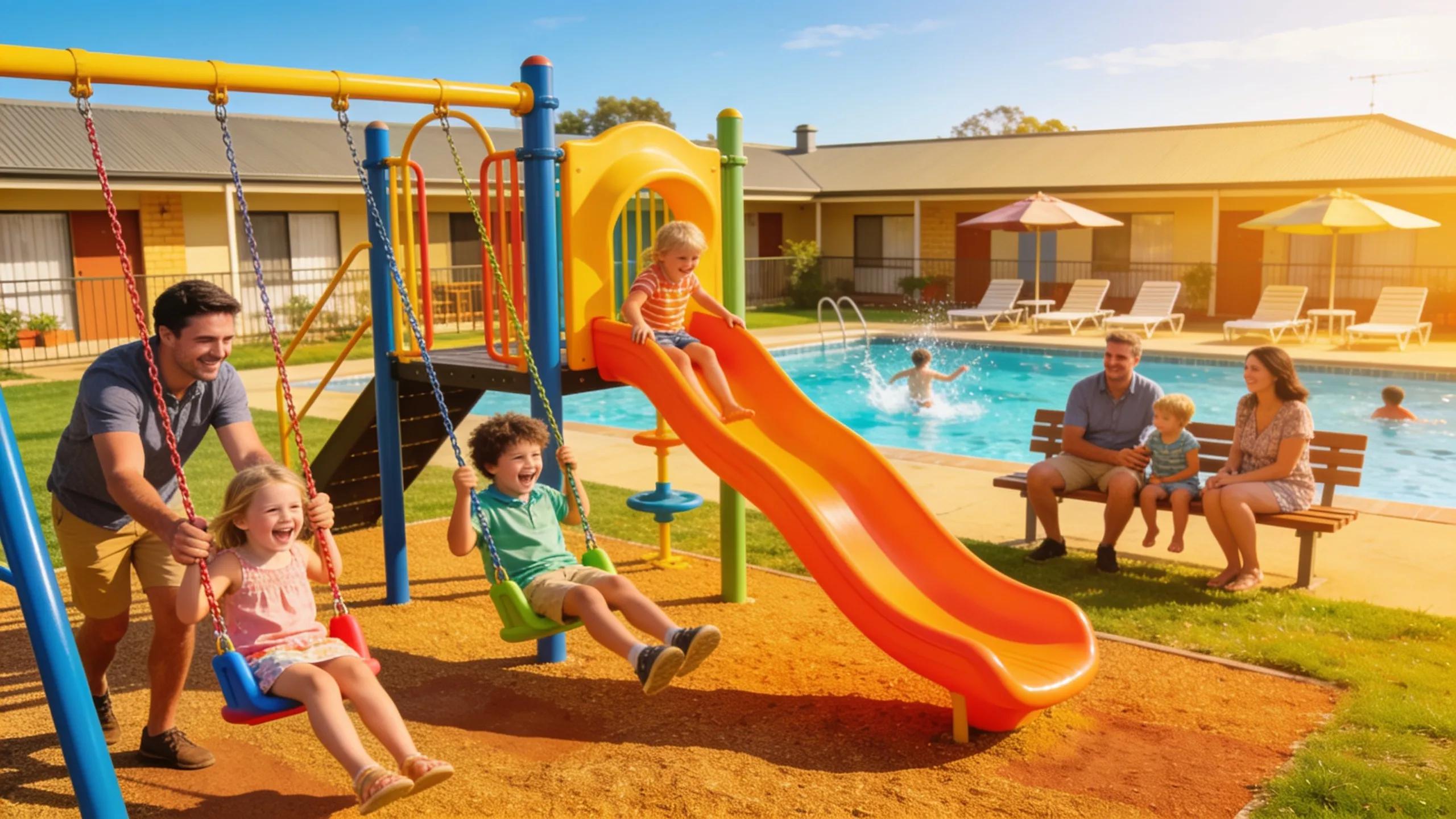 Children playing in a playground area at a family-friendly motel in Euroa