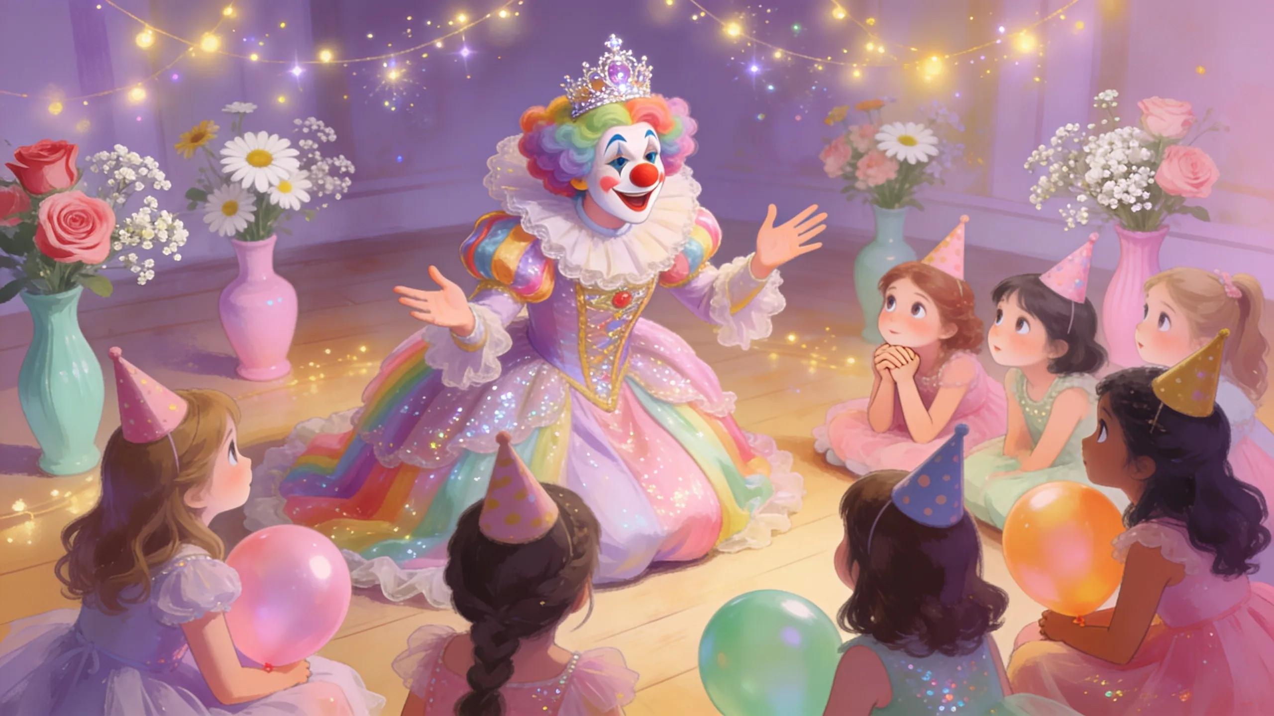 Princess clown captivating children with storytelling during a birthday party