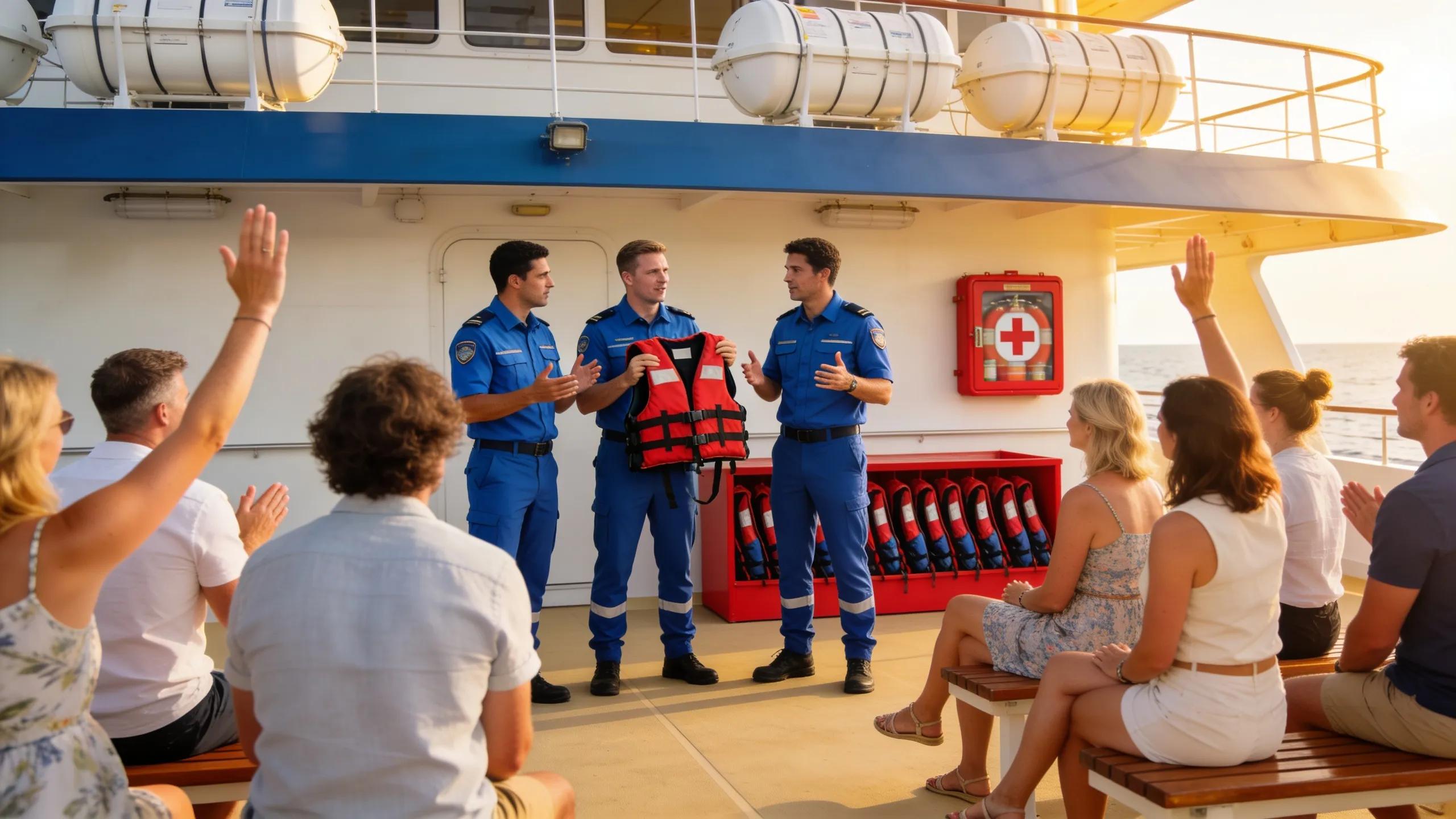 Safety briefing on a boat with crew explaining protocols to engaged guests