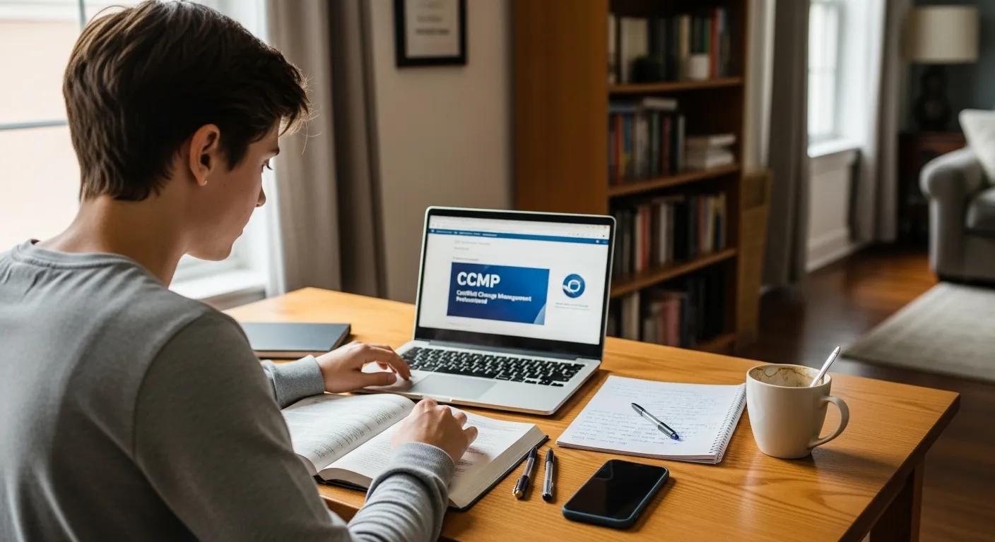 Person studying for CCMP certification on laptop at home, with notebook, pens, and coffee cup on desk.