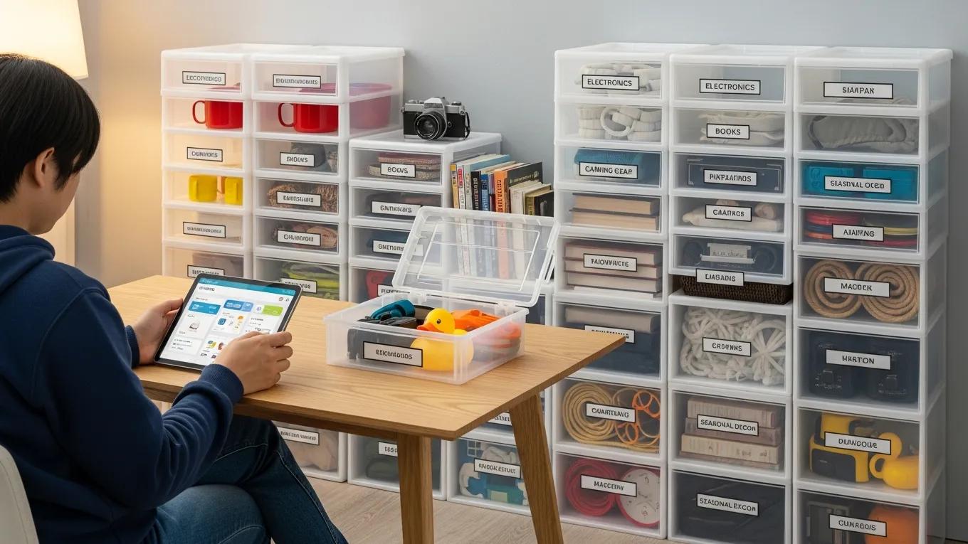 A person using a digital device surrounded by organized plastic storage boxes, illustrating the ease of the rental process