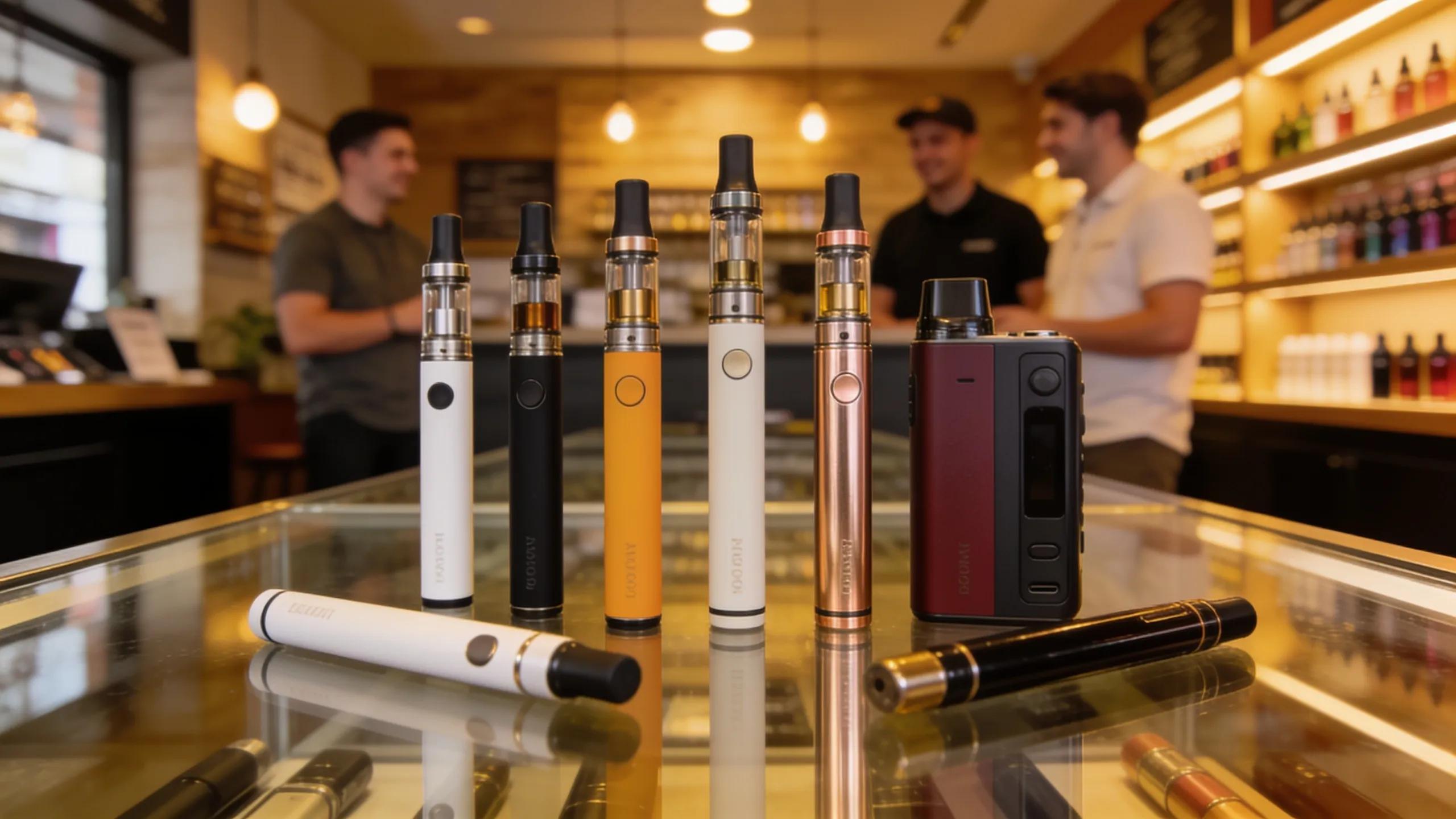 Display of disposable and rechargeable vape pens in a well-lit North Miami shop Display of disposable and rechargeable vape pens in a well-lit North Miami shop