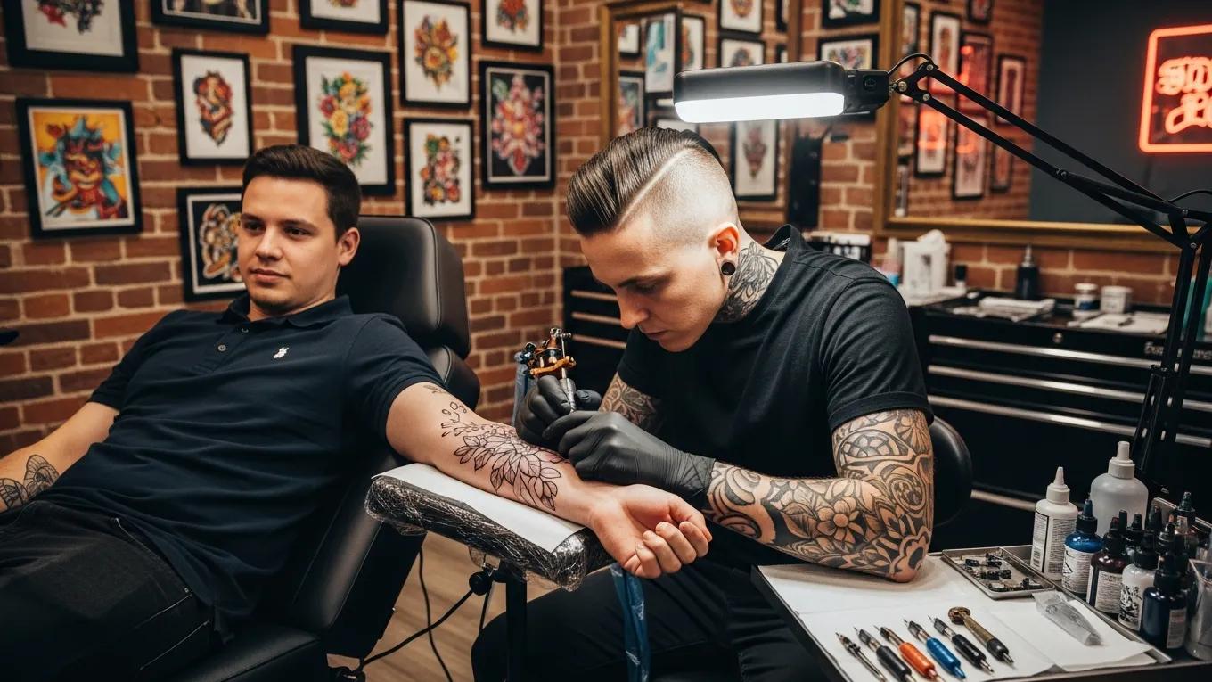 Tattoo artist working on a custom design in a modern tattoo shop