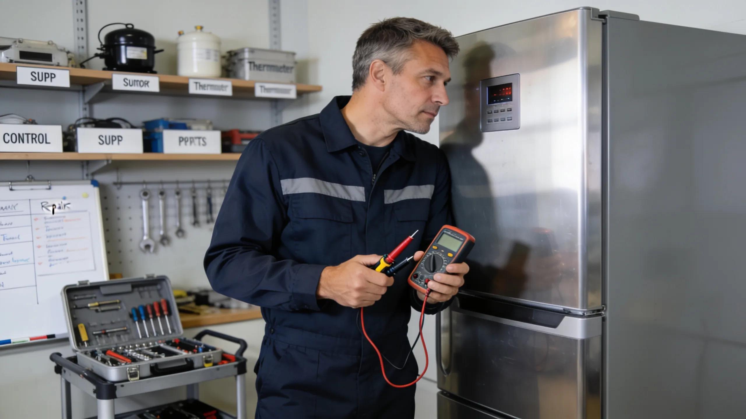 Technician conducting a refrigerator diagnostic check, representing professional repair services and expertise