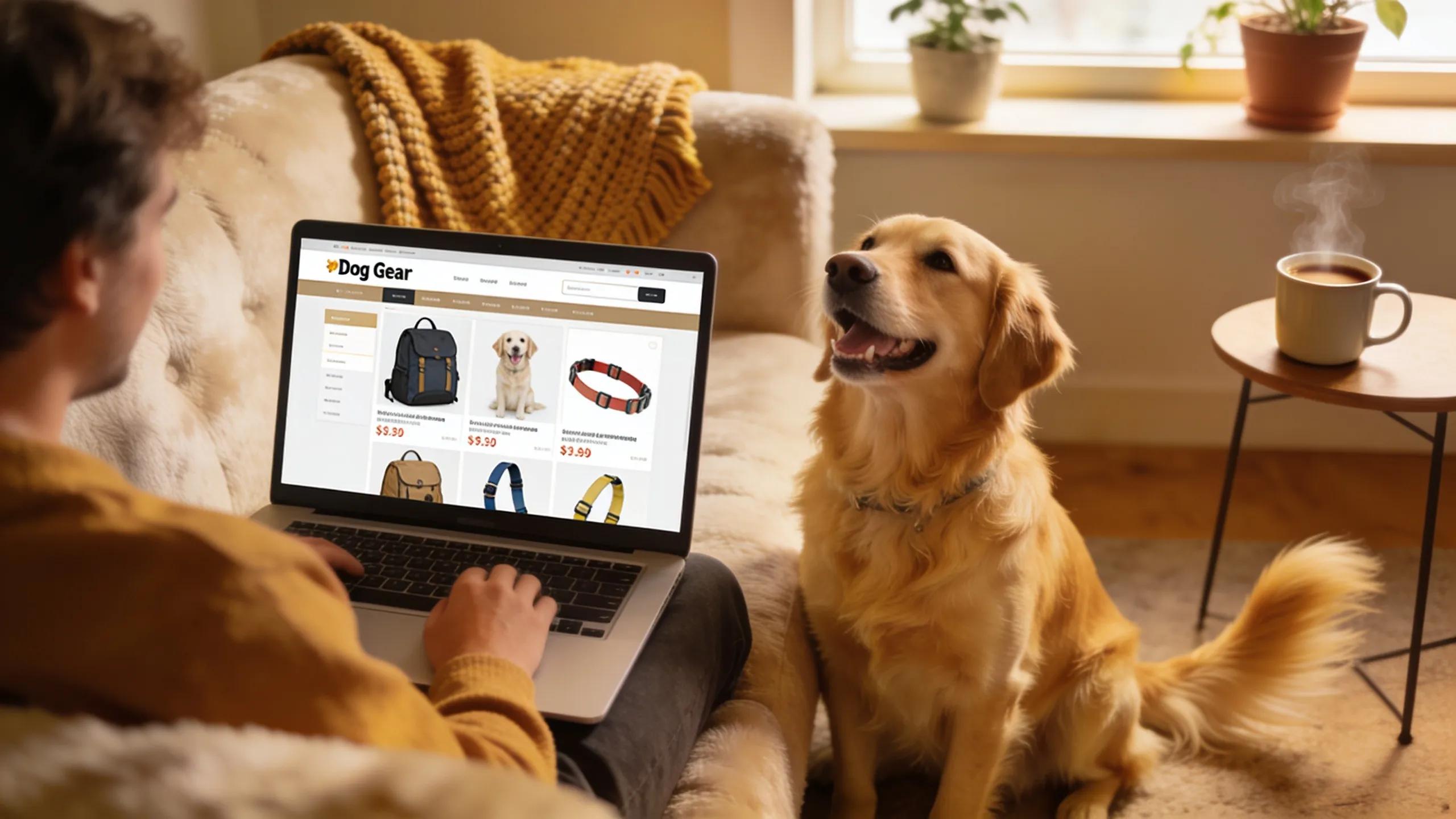 Customer browsing an online pet store for dog gear with a dog beside them