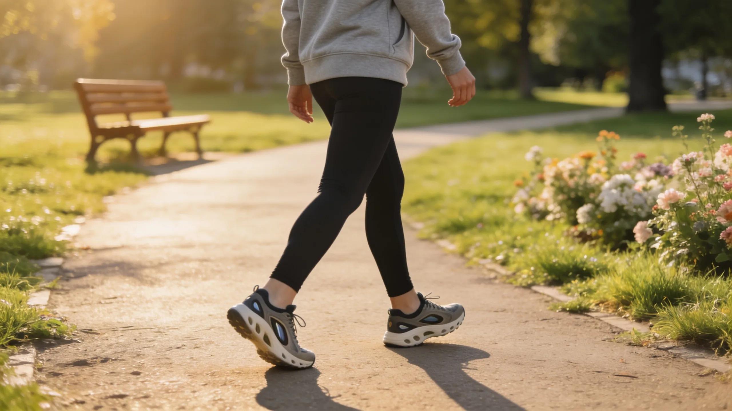Woman enjoying a walk in supportive shoes for arthritis, highlighting comfort and stability
