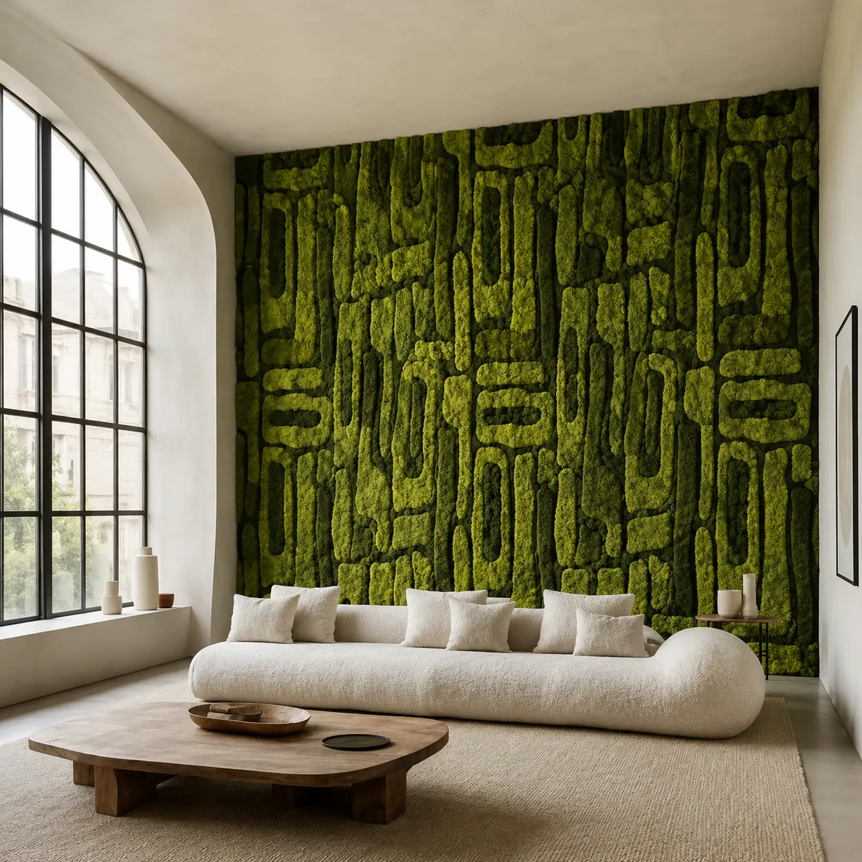 Custom moss wall installation in a modern office, emphasizing biophilic design for enhanced workspace aesthetics.