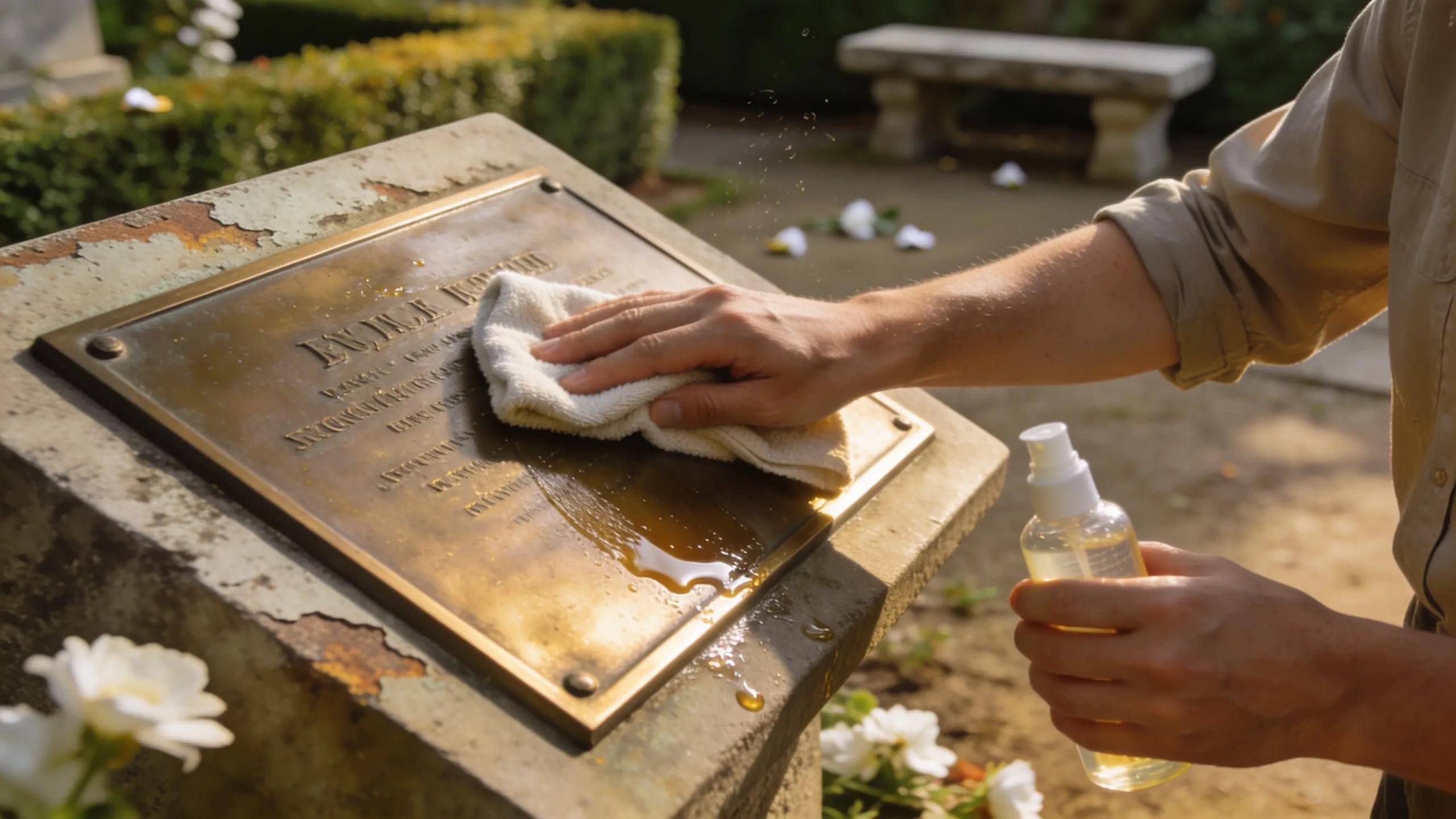 Individual cleaning a bronze memorial plaque outdoors, highlighting the importance of maintenance in preserving memorials