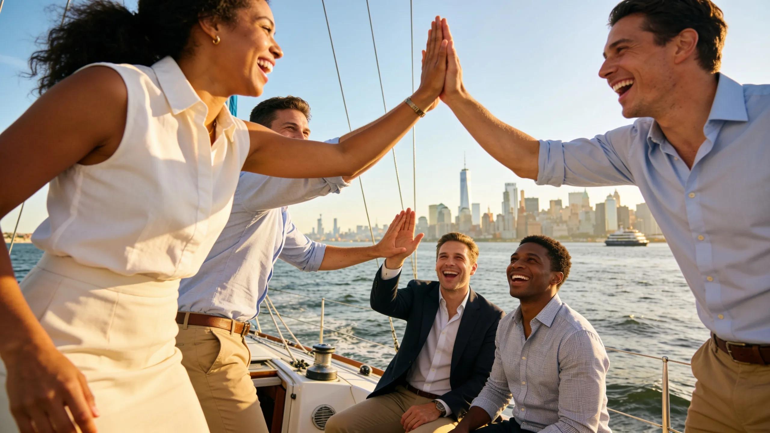Professionals engaging in team-building activities on a yacht in NYC