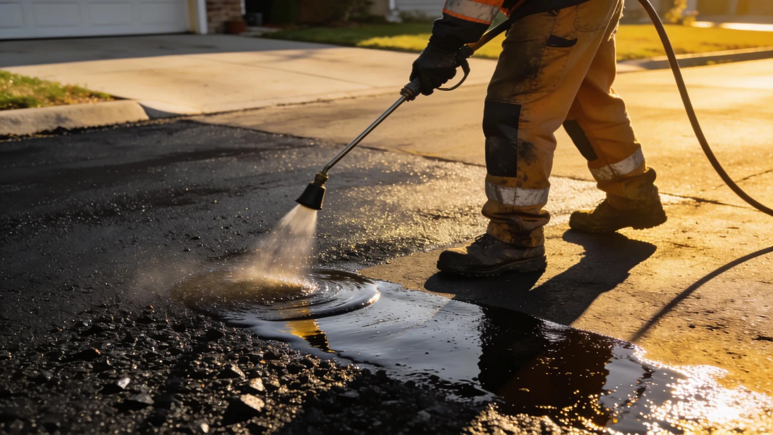 Professional applying seal coating on an asphalt driveway for protection.