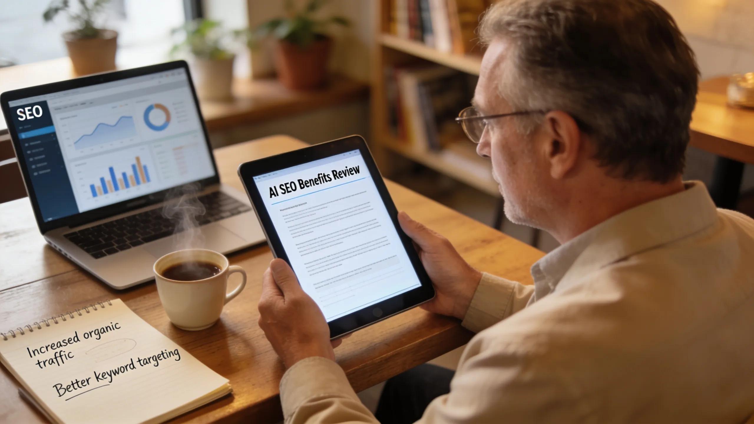 Business owner reviewing benefits of AI SEO in a cafe Business owner reviewing benefits of AI SEO in a cafe