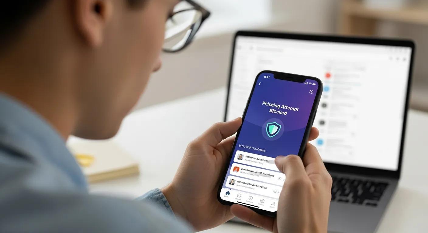 Person using a mobile security app to block phishing attempts
