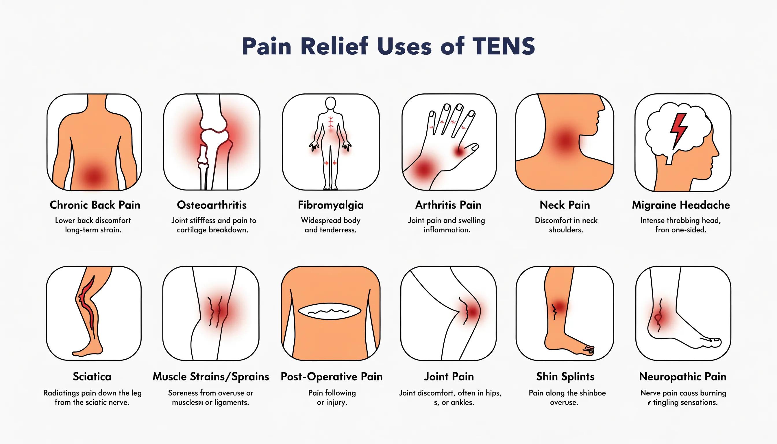 Various pain types treated by TENS therapy, including chronic back pain and migraines
