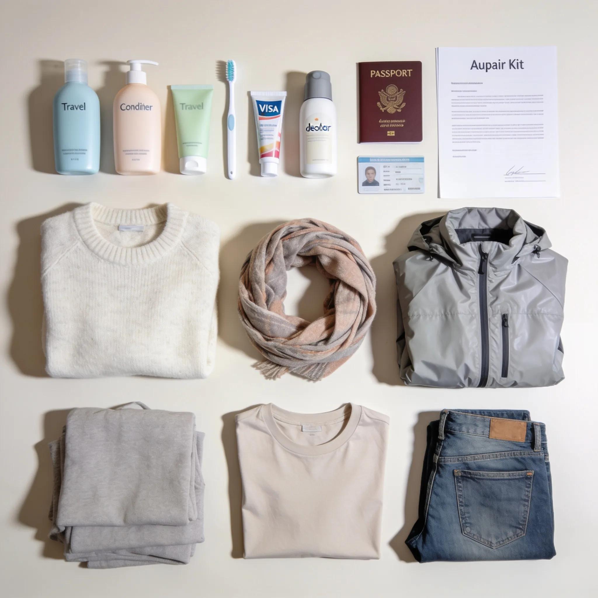 Essential accessories for au pairs organized for travel, including toiletries and documents
